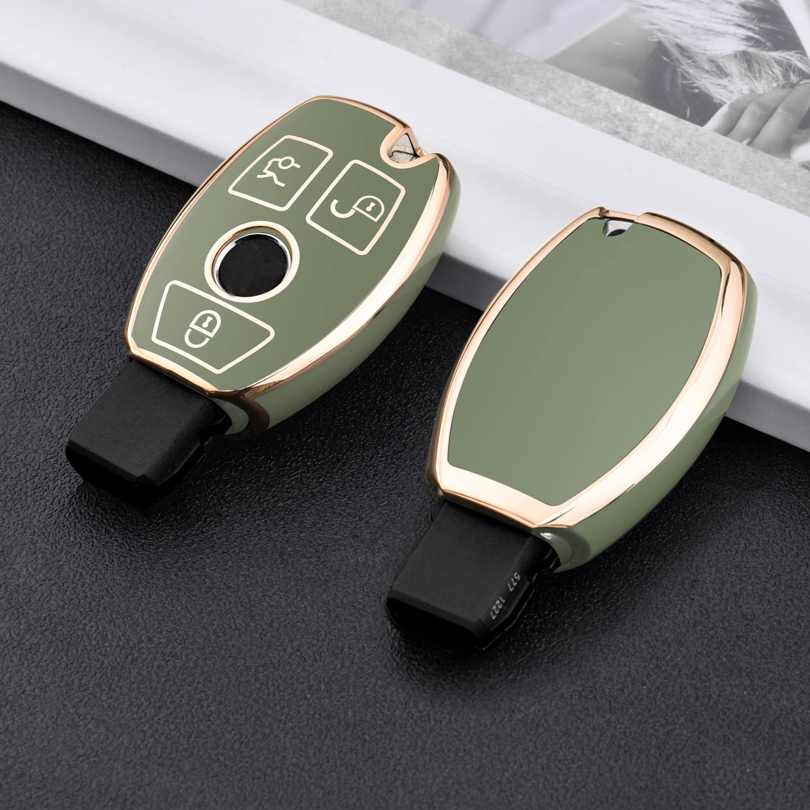 Premium Soft TPU Key Fob Cover for Mercedes Benz C/E/S/M/CLS/CLK/G Class - Gold Edge Green Protective Case for Keyless Smart Remote (Perfect for Daily Use & Car Protection)