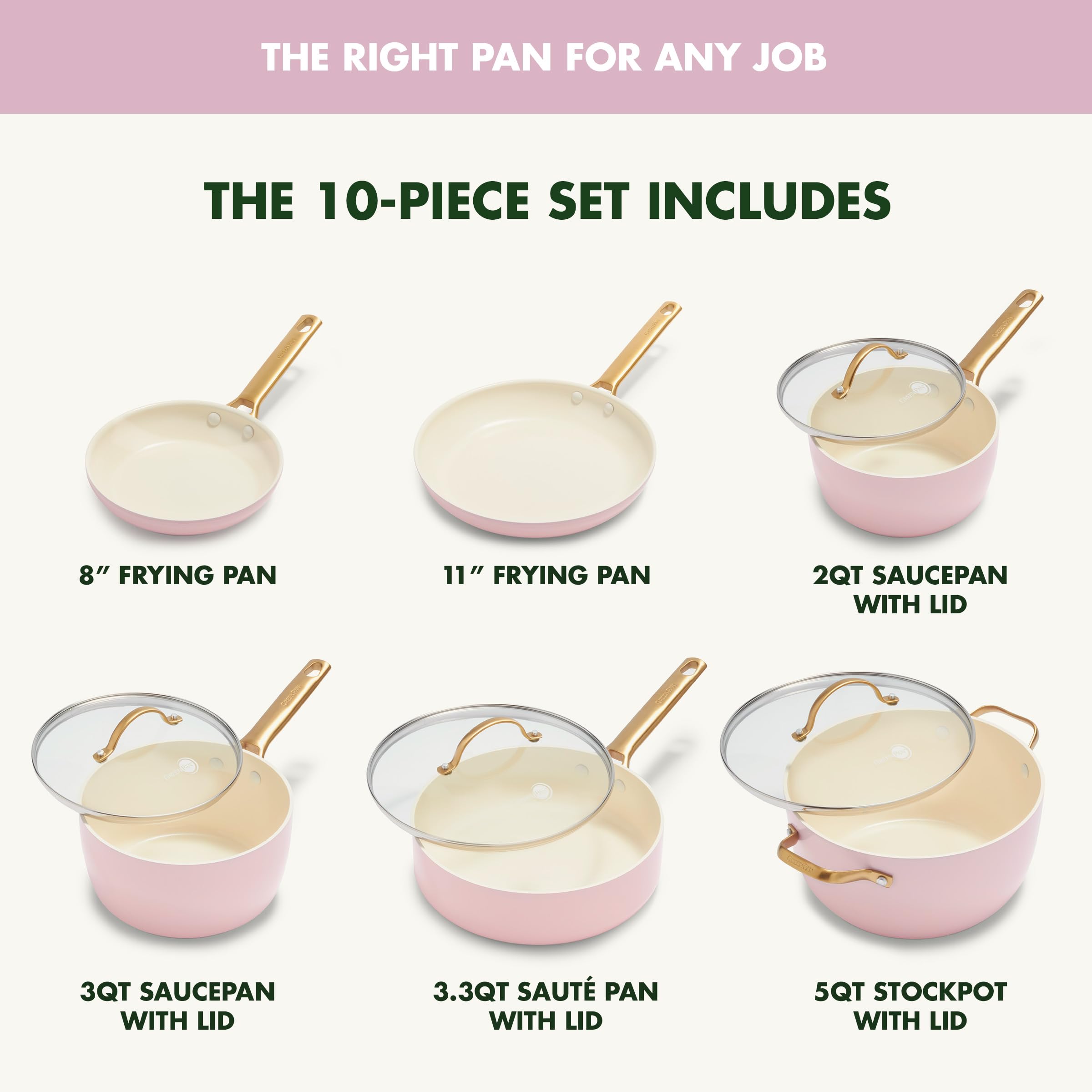 GreenPan Reserve Hard Anodized 10-Piece Non-Toxic Ceramic Cookware Set - PFAS-Free, Dishwasher & Oven Safe (350°F), Gold Handles, Blush Pink - Perfect for Healthy Cooking, Frying, Baking & Family Meals