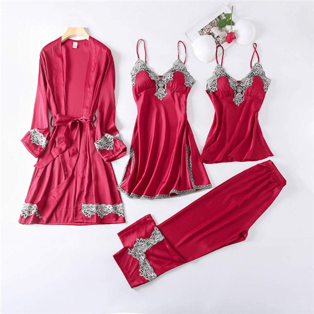 AAJIA Women's 4-Piece Faux Silk Pajama Set with Lace Trim - Elegant & Sexy Sleepwear for Spring/Autumn - Comfortable Homewear (Size XL, Style 03) | Perfect for Lounging, Sleepovers & Romantic Nights