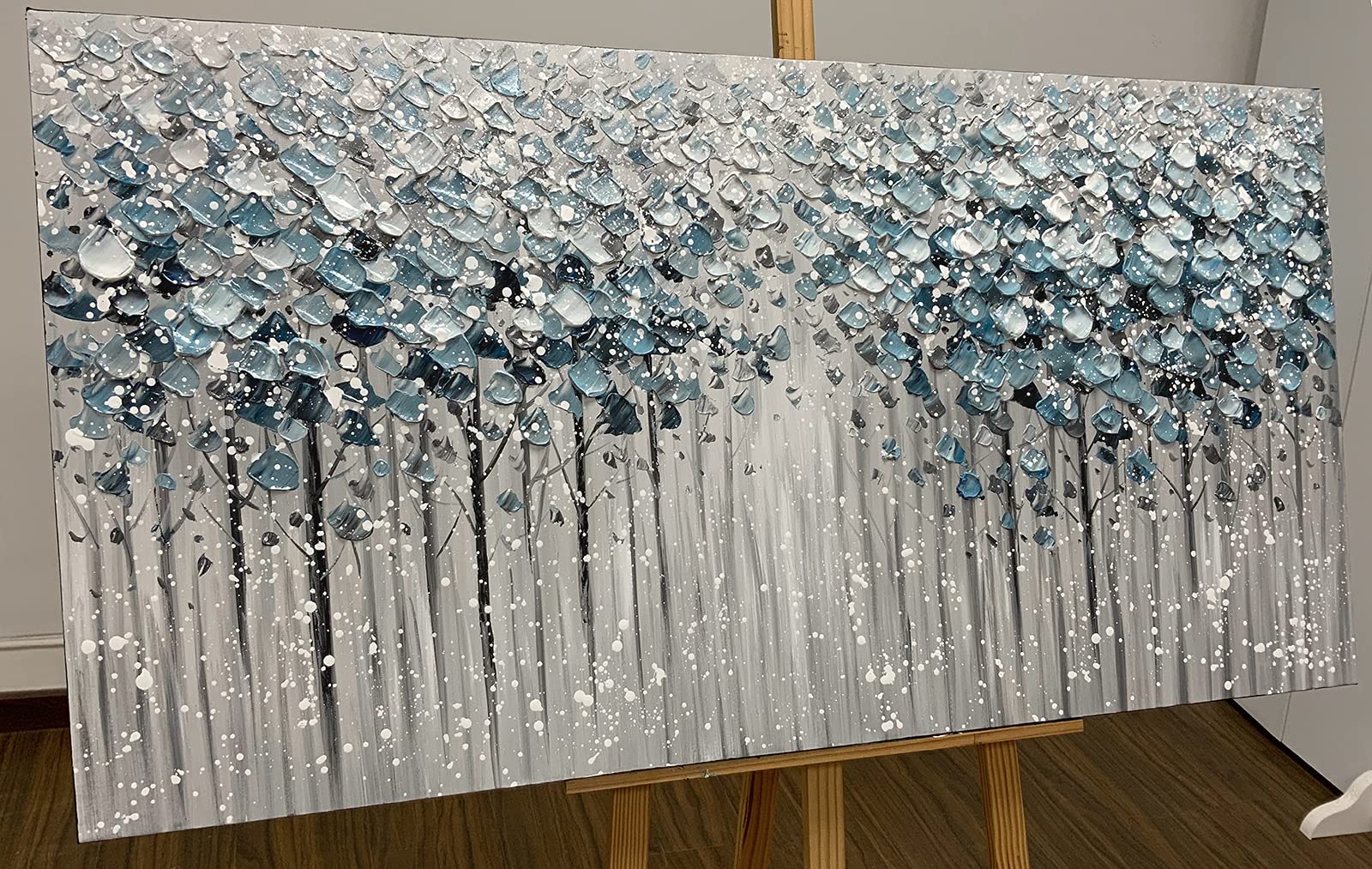 Yotree 24x48 Inch Blue Forest 3D Oil Painting on Canvas - Heavy Texture Acrylic Wall Art, Wood Framed & Ready to Hang - Perfect for Living Room, Bedroom, or Office Decor