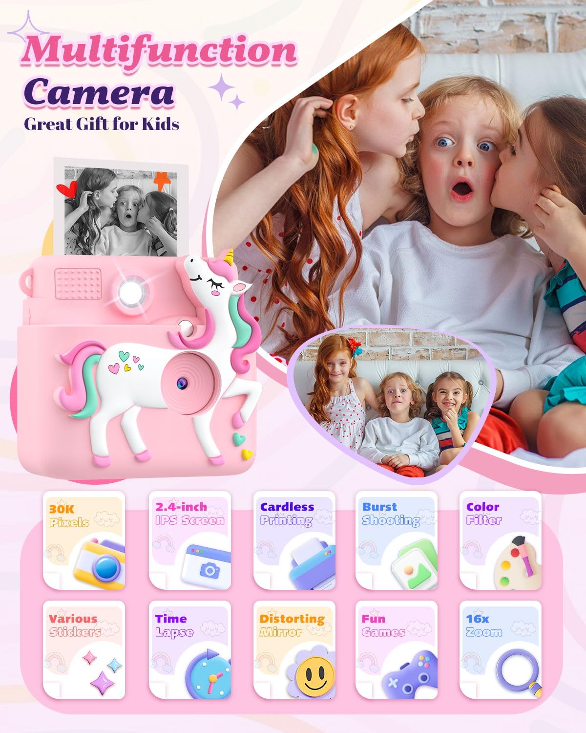 Instant Print Kids Camera 1080P - Best Birthday & Christmas Gift for Girls Age 3-12 | Includes 3 Photo Paper Rolls & 32GB Card (Pink) - Perfect for Playtime, Travel & Creative Photography