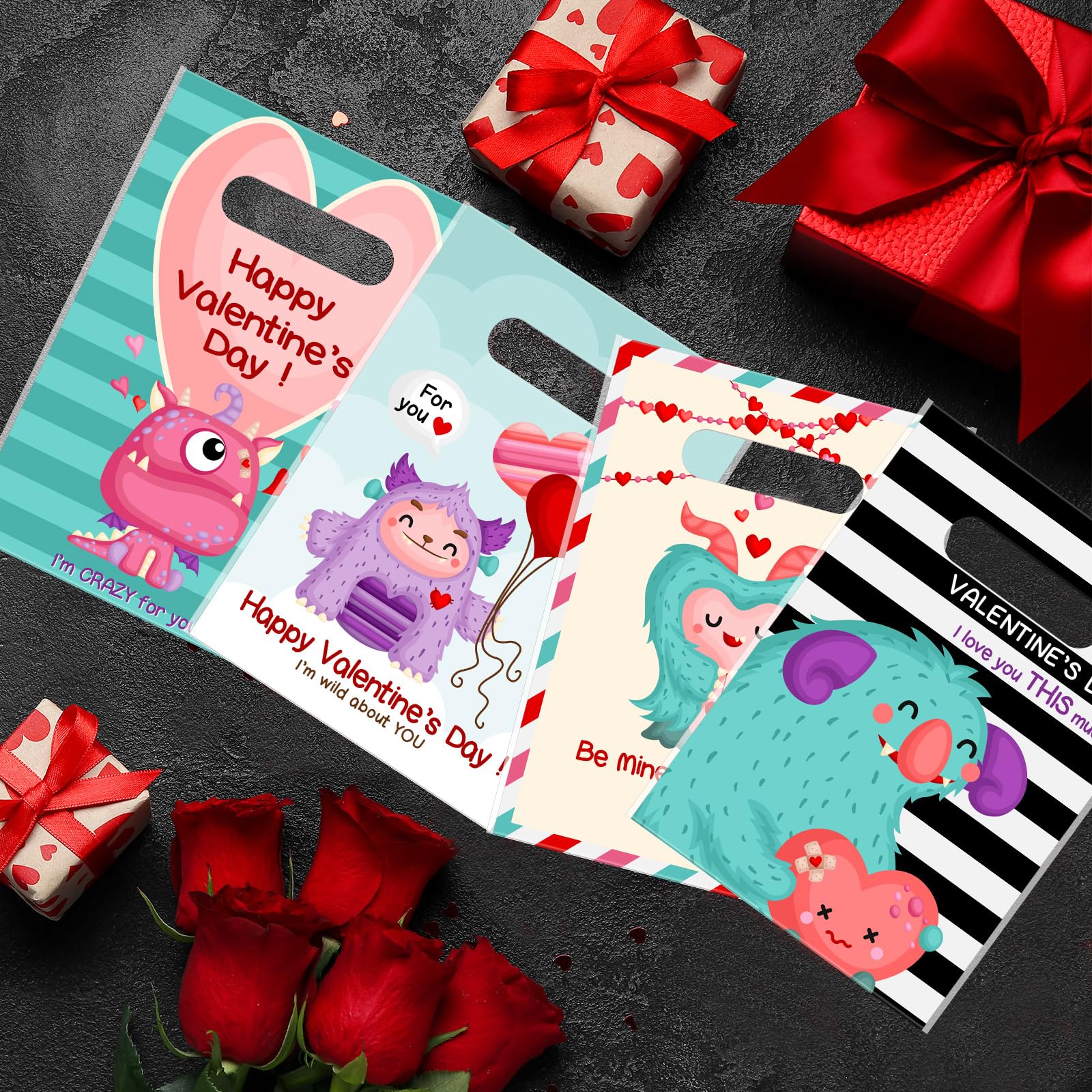 Frienda 100-Piece Plastic Valentine's Day Gift Bags Bulk - Monster Treat Bags with Handles for Candy, Party Favors & Holiday Decorations | Perfect for Valentine's Parties, Classroom Treats & Romantic Gift Giving