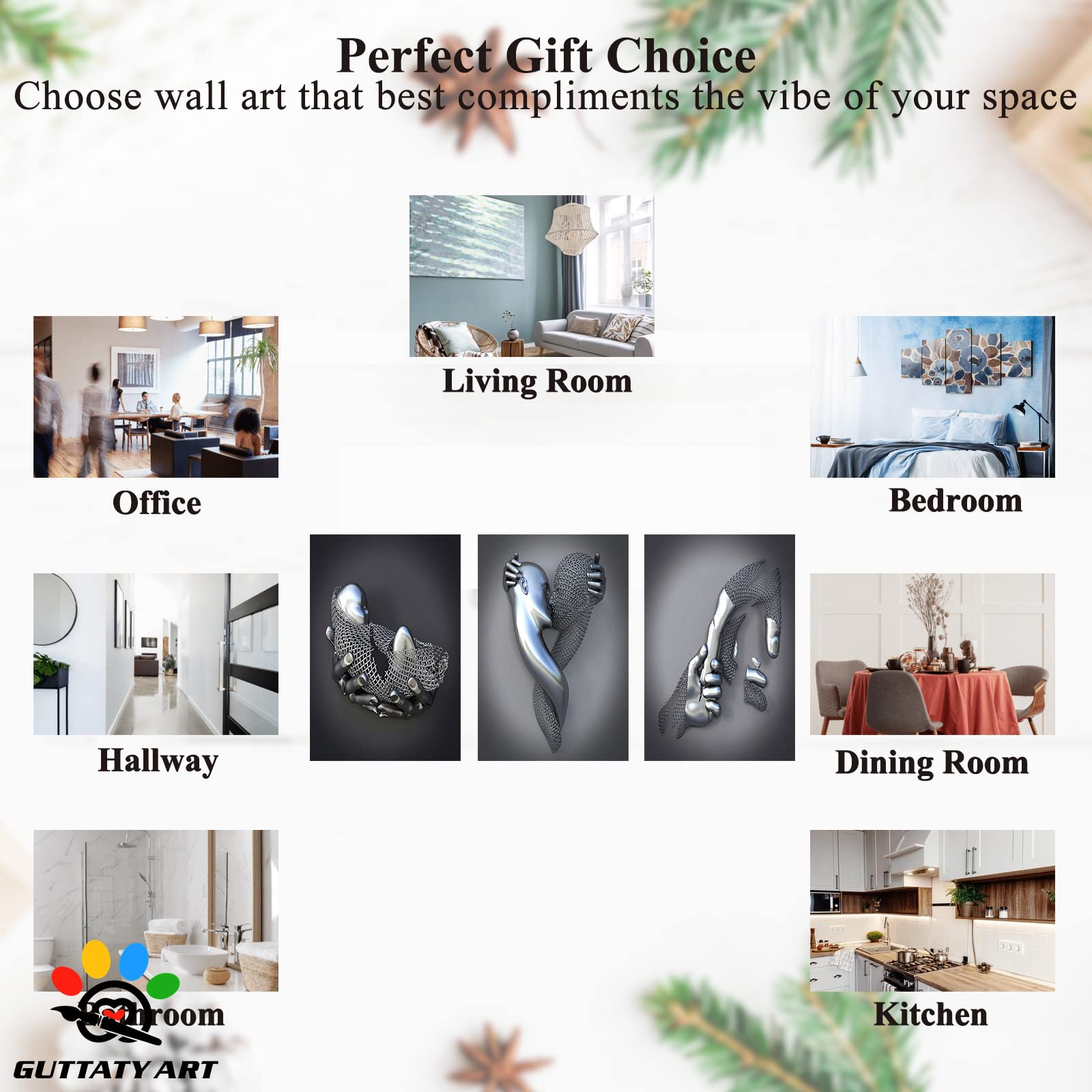 3D Metal Heart Wall Art Set - Silver Gray Love Decor for Living Room & Bedroom - Framed Modern Canvas Painting - Valentine's Day Gift for Couples - 24