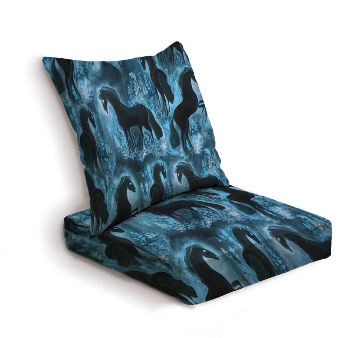 Premium Waterproof Outdoor Deep Seat Cushion Set - All-Weather Black Horse & Blue Floral Meadow Design for Patio Furniture, Sofa Replacement Cushions | Perfect for Garden, Deck, Poolside & Backyard Relaxation