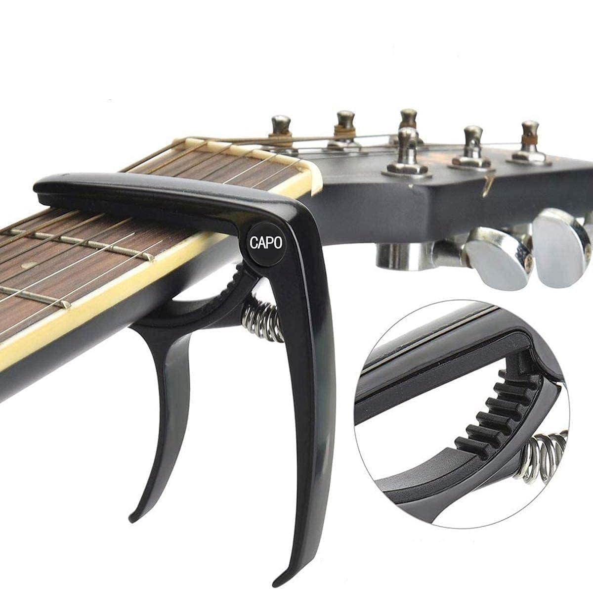 Premium Zinc Alloy Guitar Capo for Acoustic & Electric Guitars, Ukulele, Mandolin, Banjo & Bass - Black with 6 Free Picks | Perfect for Live Performances, Studio Recording & Practice Sessions