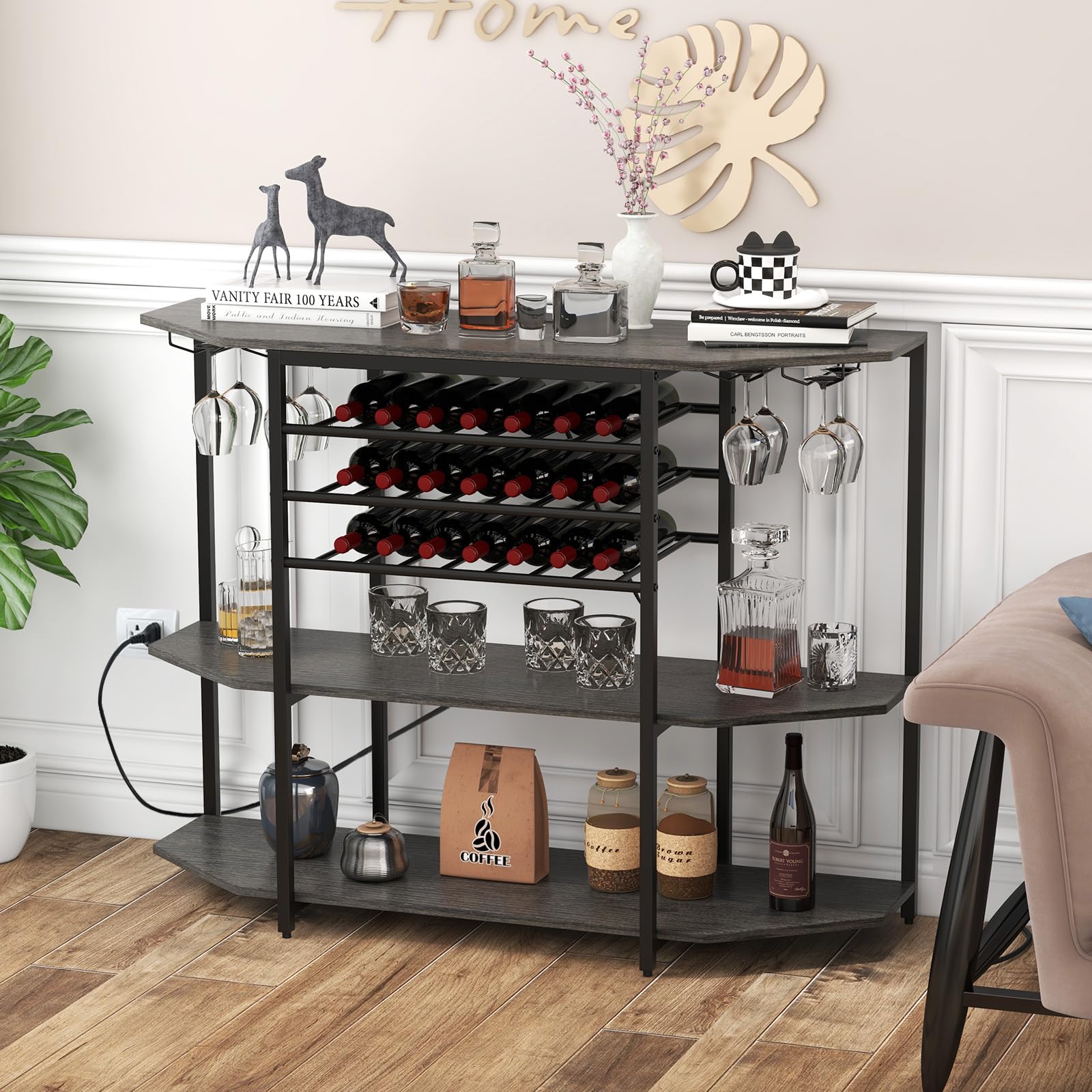 COSTWAY 3-Tier Wine Bar Cabinet with Power Outlets & Storage - Rustic Grey Freestanding Liquor Cabinet with Wine Racks, Glass Holders - Perfect for Kitchen, Dining Room, Home Bar or Entertainment Area