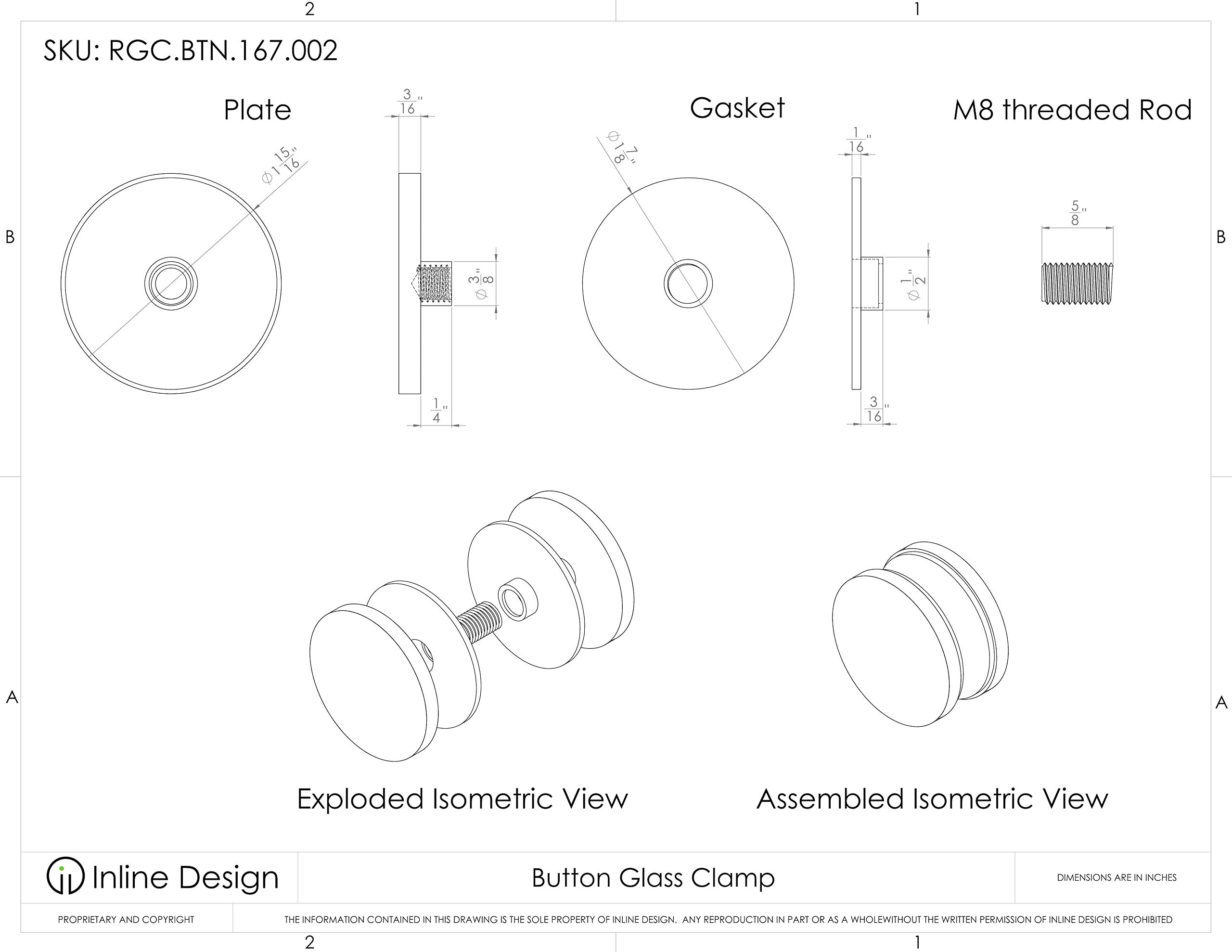 Stainless Steel Round Button Glass Panel Stabilizer Clamp for Glass Railings - Pack of 2 - Satin Finish by Inline Design - Perfect for Balcony, Staircase & Deck Safety Railings