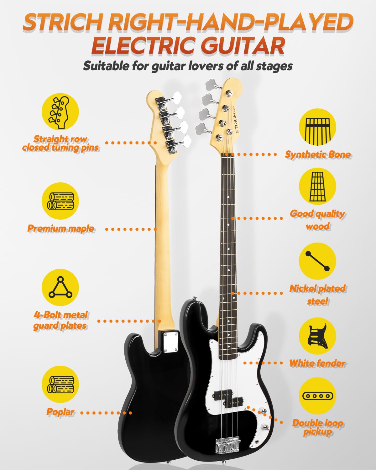 STRICH 4-String Electric Bass Guitar Full Size Beginner Kit - PB-Style Standard Bass with 20W Amp, Gig Bag, Tuner, Strap & Cable (SPB-S10 Black) - Perfect for Beginners, Practice & Live Performances