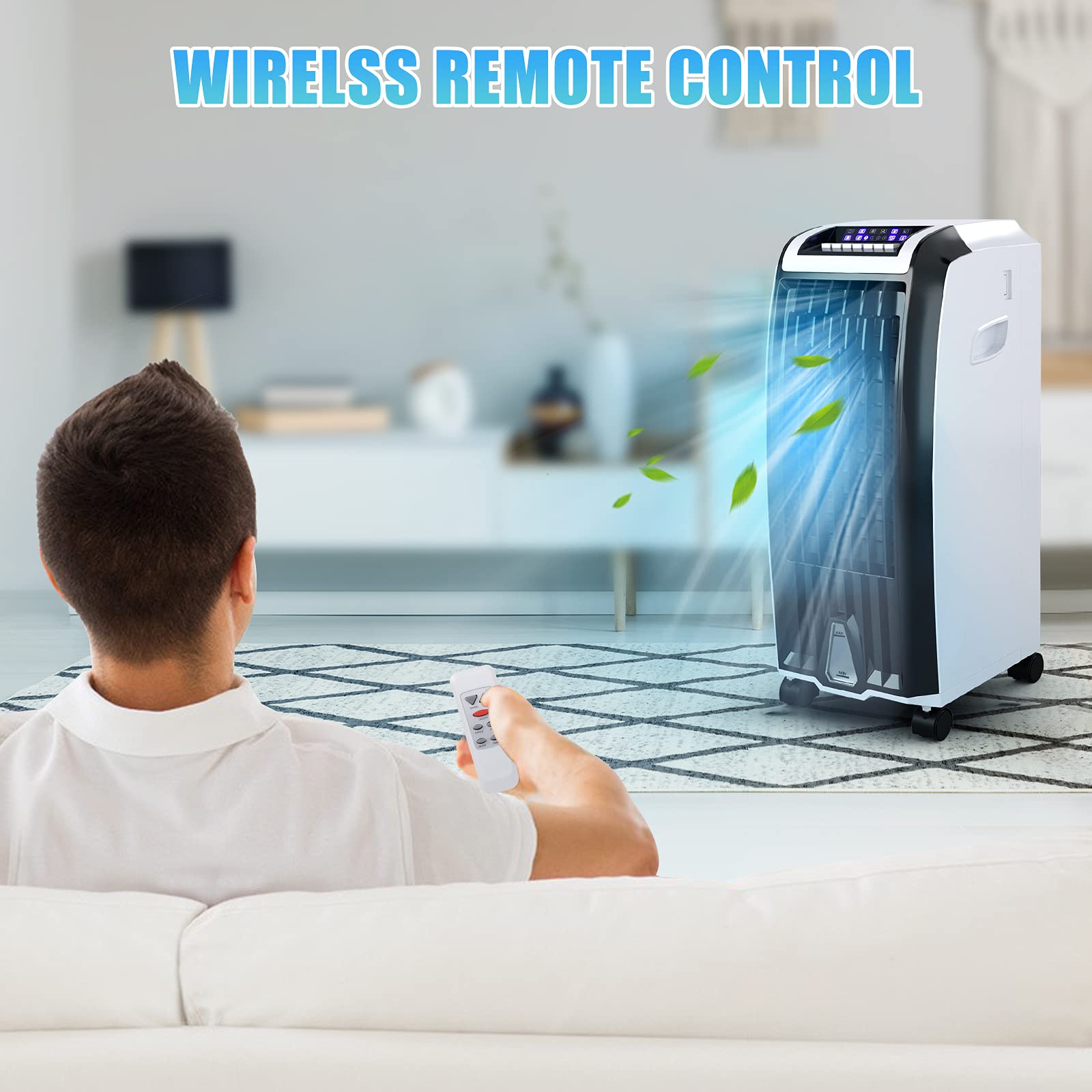 3-in-1 Portable Air Cooler Fan with Humidifier - Windowless Evaporative Cooler, Remote Control, 3 Speed Modes, 7.5H Timer & 2 Ice Boxes - Wide Oscillation for Bedroom, Office, Home - Perfect for Summer Cooling, Indoor Comfort & Energy Savings