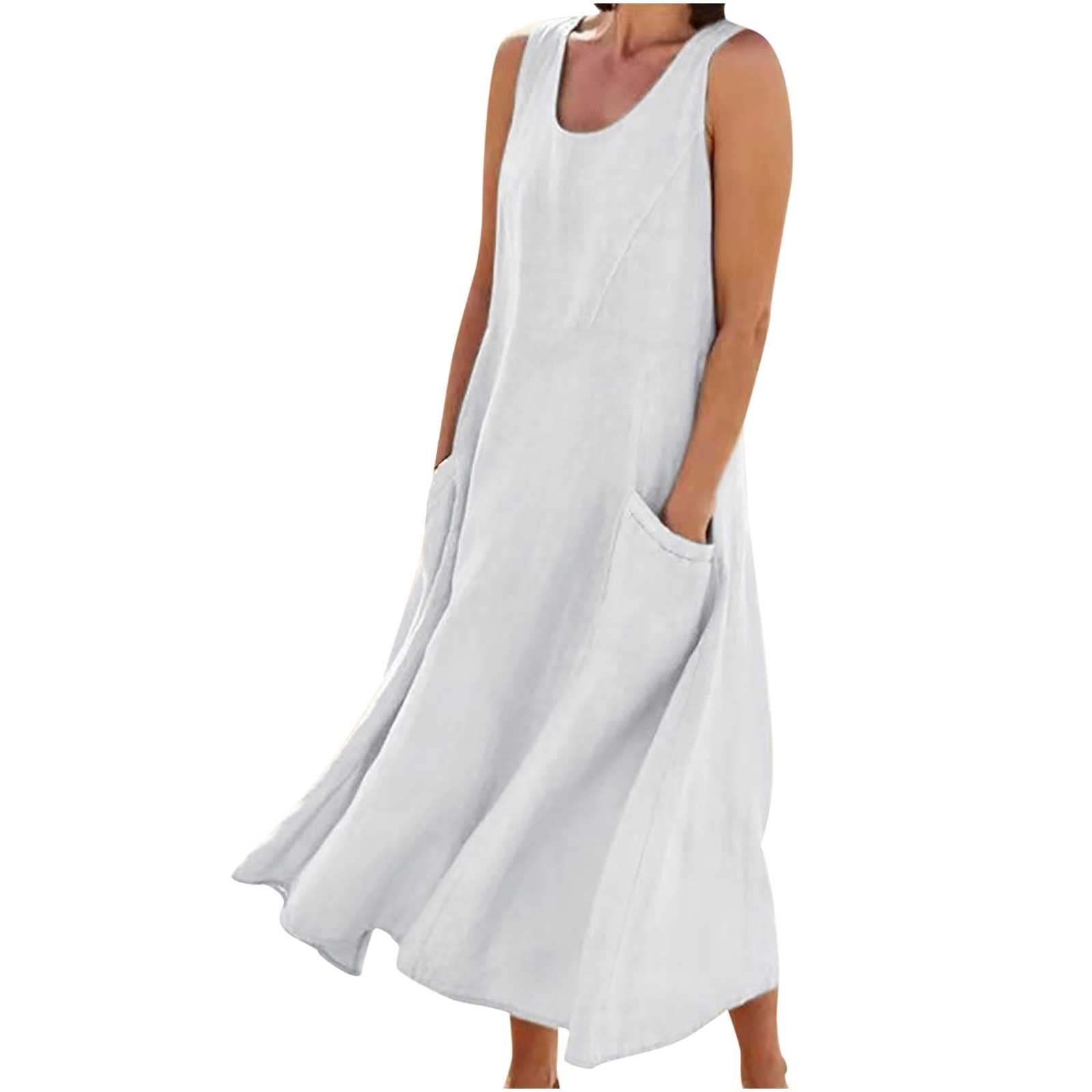 Women's Casual Summer Dresses - Solid Color Sleeveless Cotton Linen Long Dress with Pockets | Beach Wear, Vacation Outfit, Boho Chic Style