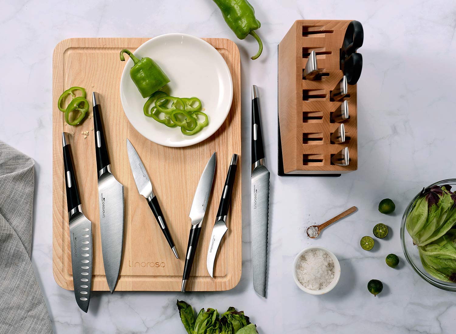Linoroso 13-Piece German High Carbon Stainless Steel Knife Set with Beech Wood Block - Professional Chef Knives for Kitchen Cooking, Slicing, Dicing - Perfect for Home Chefs & Culinary Enthusiasts