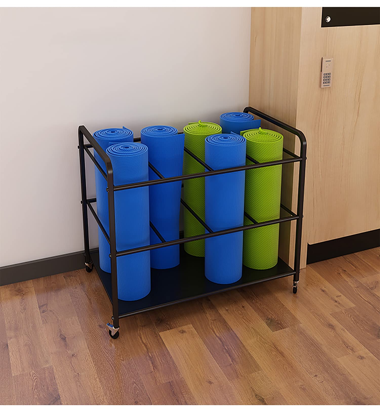 Premium Yoga Mat Storage Cart with Wheels - Space Saving Foam Roller & Mobility Equipment Organizer Rack - Holds 12 Exercise Mats for Yoga Studios & Home Gyms (Black) - Perfect for Studio Organization & Equipment Storage