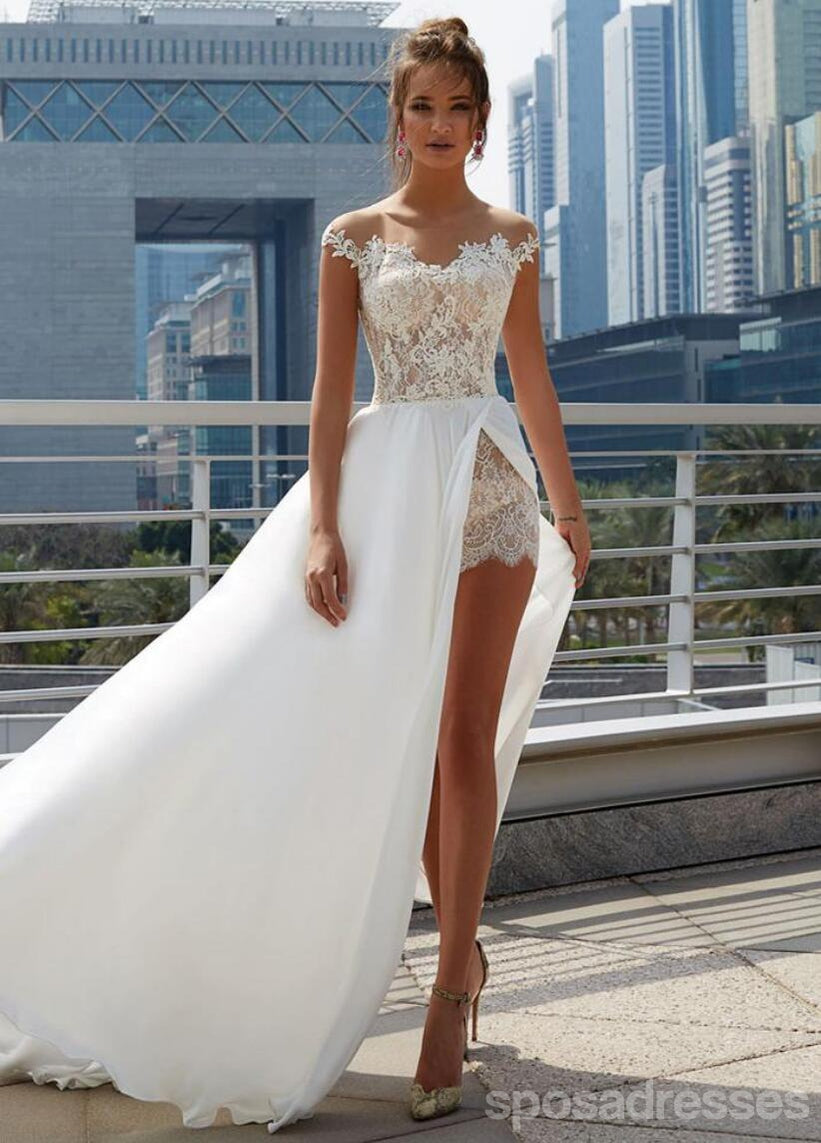 Elegant Off Shoulder Sheer Wedding Dress with Side Slit - A-Line Bridal Gown WD444 | Perfect for Beach Weddings, Vow Renewals & Romantic Photoshoots