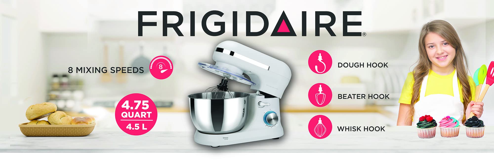 Frigidaire 4.5L Retro Stand Mixer - White | Powerful Kitchen Mixer for Baking, Dough Kneading & Cake Decorating | Perfect for Home Bakers & Small Bakeries