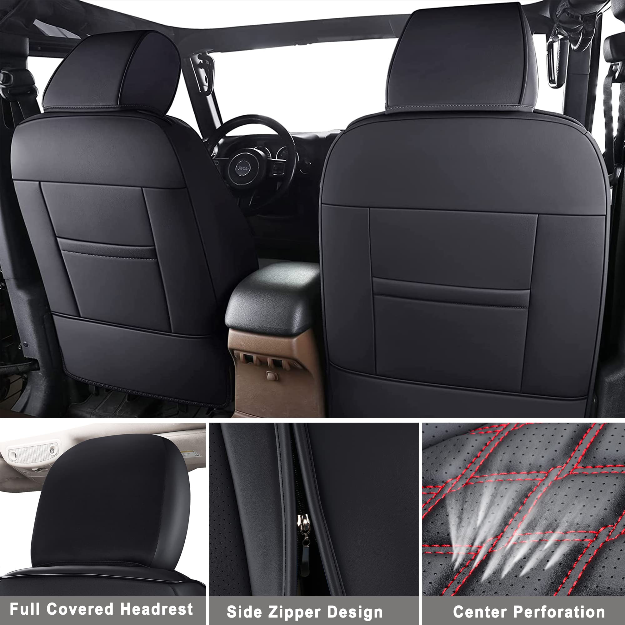 Premium Leather Seat Covers for Jeep Wrangler JL 4-Door (2018-2024) - Full Set Custom Fit with No Rear Cupholder | Black & Blue Design | Durable Protection for Off-Road Adventures & Daily Commuting