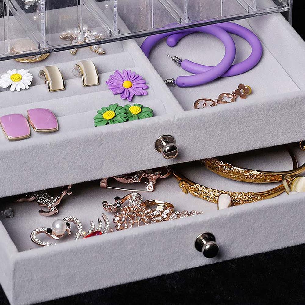 Clear 5-Tier Vertical Drawer Earring Display Stand Organizer with 2 Storage Drawers - Portable Velvet Jewelry Tray for Ring & Earring Storage - Perfect for Boutique, Jewelry Store & Home Organization