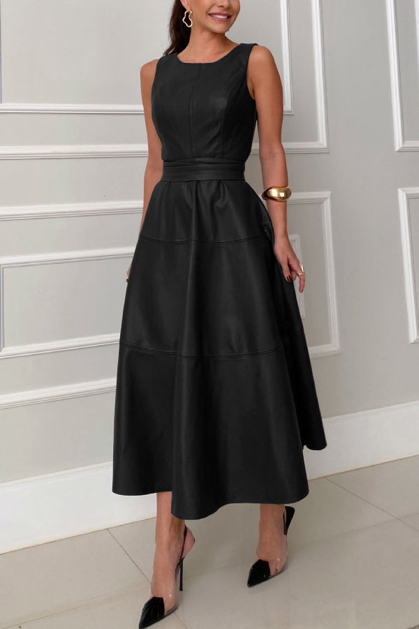 Stylish Faux Leather Princess Line Back Zipper Midi Dress for Women | Elegant Party & Cocktail Outfit | Perfect for Date Night, Formal Events & Evening Occasions