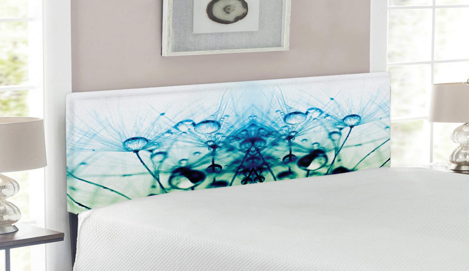 Ambesonne Queen Size Upholstered Metal Headboard with Memory Foam - Turquoise White Dandelion Floral Leaves Oracle Flower Mystic Rainy Art Print | Decorative Bed Headboard for Modern Bedroom, Guest Room, Master Suite