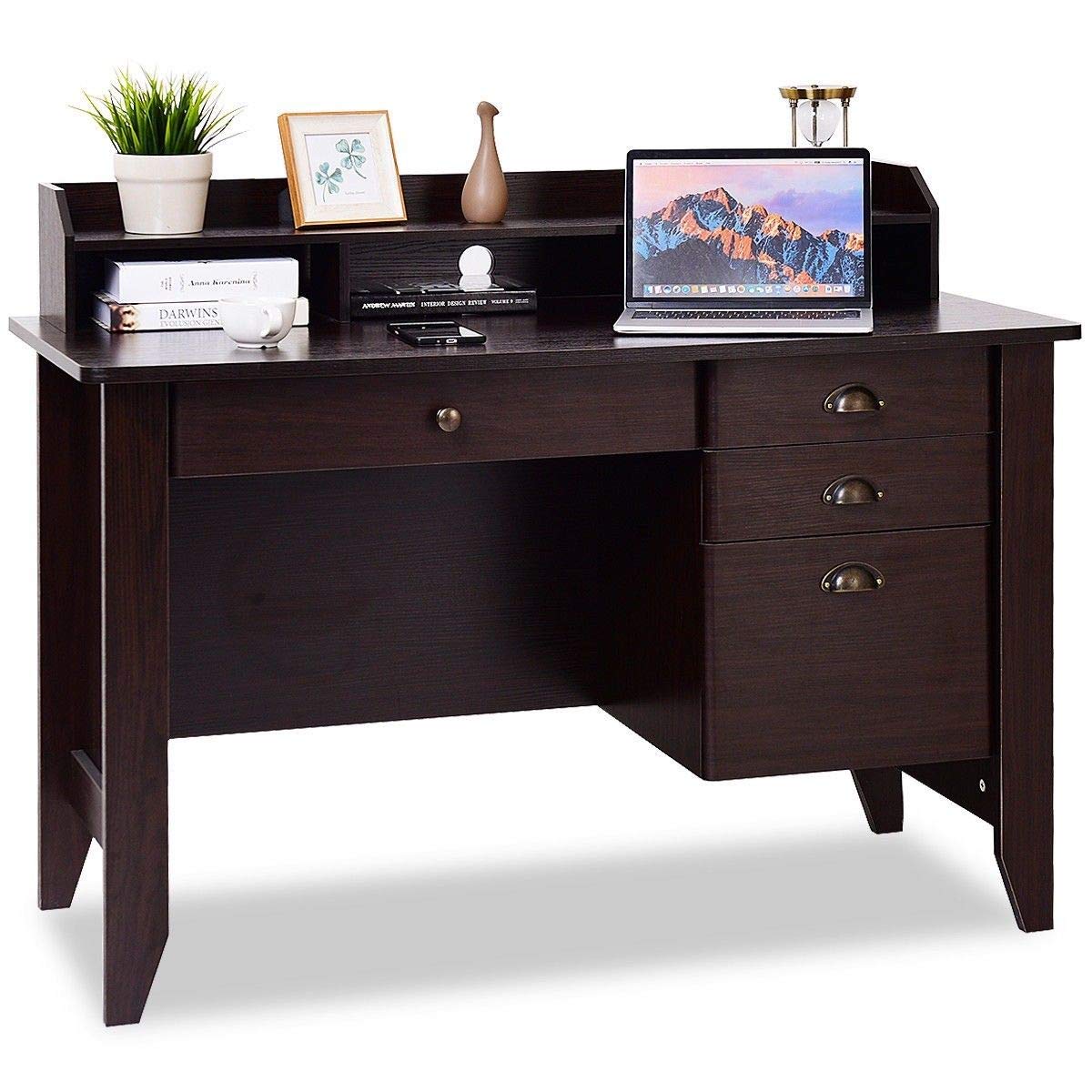 Tangkula Vintage Brown Wooden Computer Desk with 4 Storage Drawers & Hutch - Home Office Desk with Storage Shelves, Executive Writing Study Desk for Small Spaces, Bedroom or Dorm Room