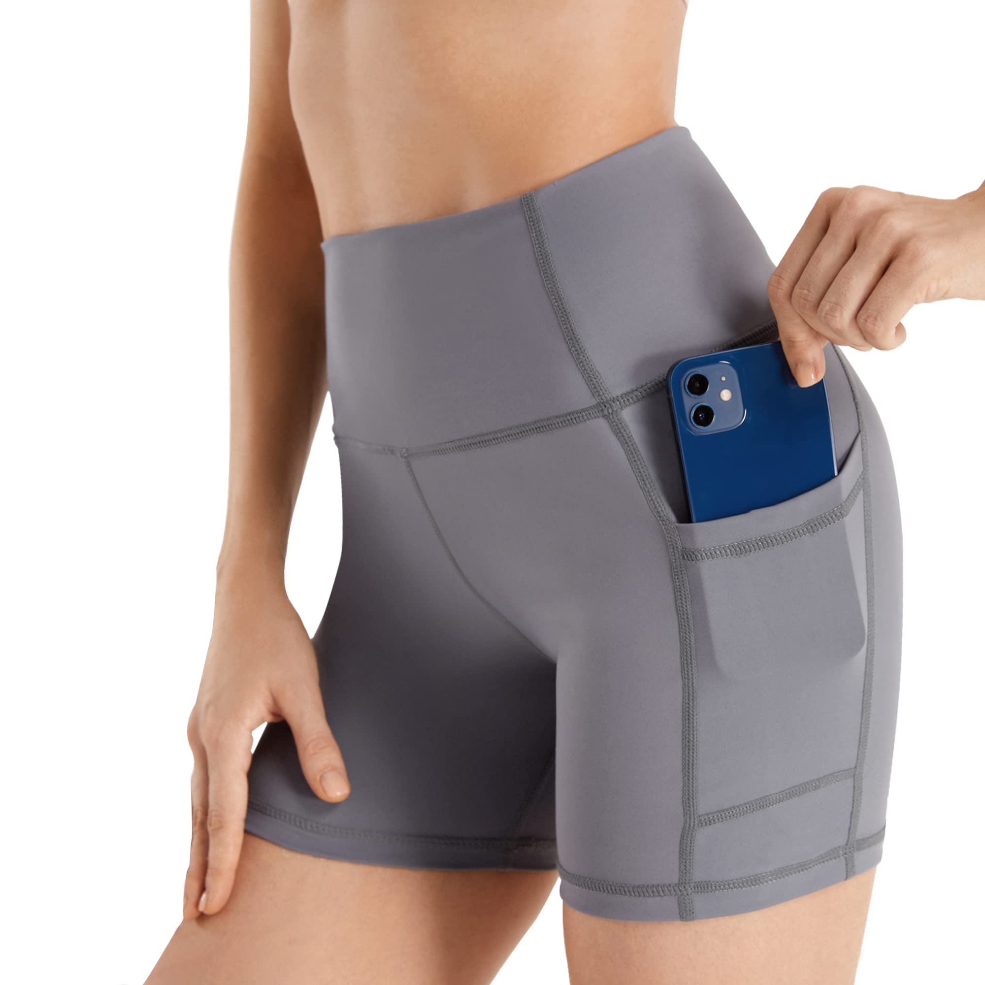 **AKASO High Waist Yoga Shorts for Women – Running, Fitness, Biking & Workout – Tummy Control Compression Shorts with Pockets (Gray) – Perfect for Yoga, Gym & Outdoor Activities**