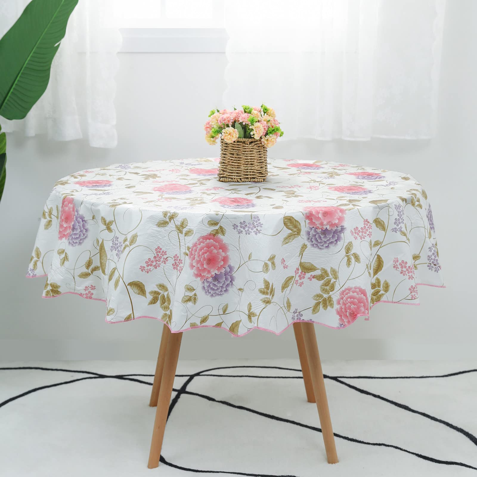 Jeloris Floral Waterproof Oil-Proof Tablecloth - Wipeable PVC Table Cover with Flannel Backing for Dining, Restaurant, Picnic, Camping & Party - 60 Inch Round Peony Design - Perfect for Indoor & Outdoor Gatherings