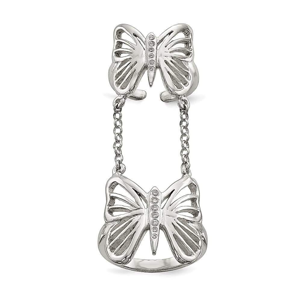 925 Sterling Silver Cubic Zirconia Butterfly Double Finger Ring - Adjustable Stackable Band for Women, Elegant Fashion Jewelry Gift for Her - Perfect for Weddings, Parties & Date Nights