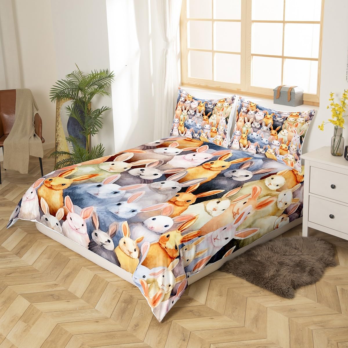 Feelyou Kids Cartoon Rabbit Duvet Cover Set - Cute Bunnies Design Twin Size Bedding for Boys & Girls (2PCS, Yellow & Black) with 1 Pillowcase | Kawaii Animal Comforter Cover for Nursery, Bedroom & Sleepovers