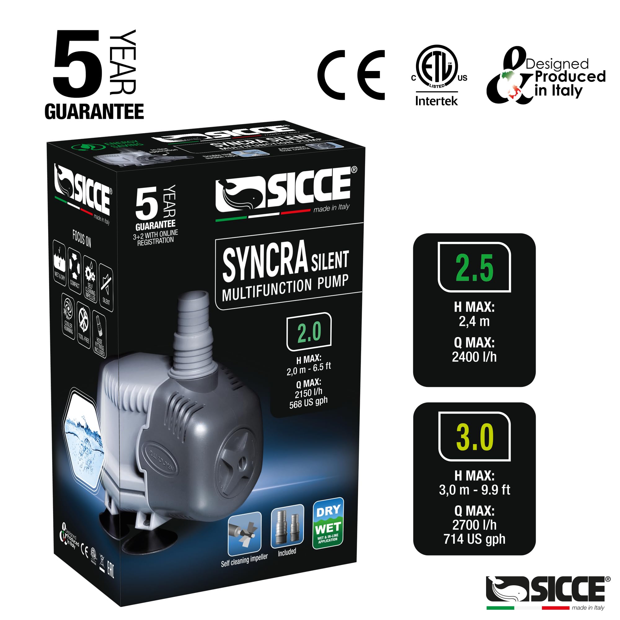 SICCE Syncra Silent 3.0 Submersible Water Pump - 714 GPH Ultra Quiet Aquarium Pump for Fish Tank, Pond, Fountain | Italian Made 48W Durable Design for Freshwater & Saltwater | Perfect for Hydroponics, Terrariums & Water Features