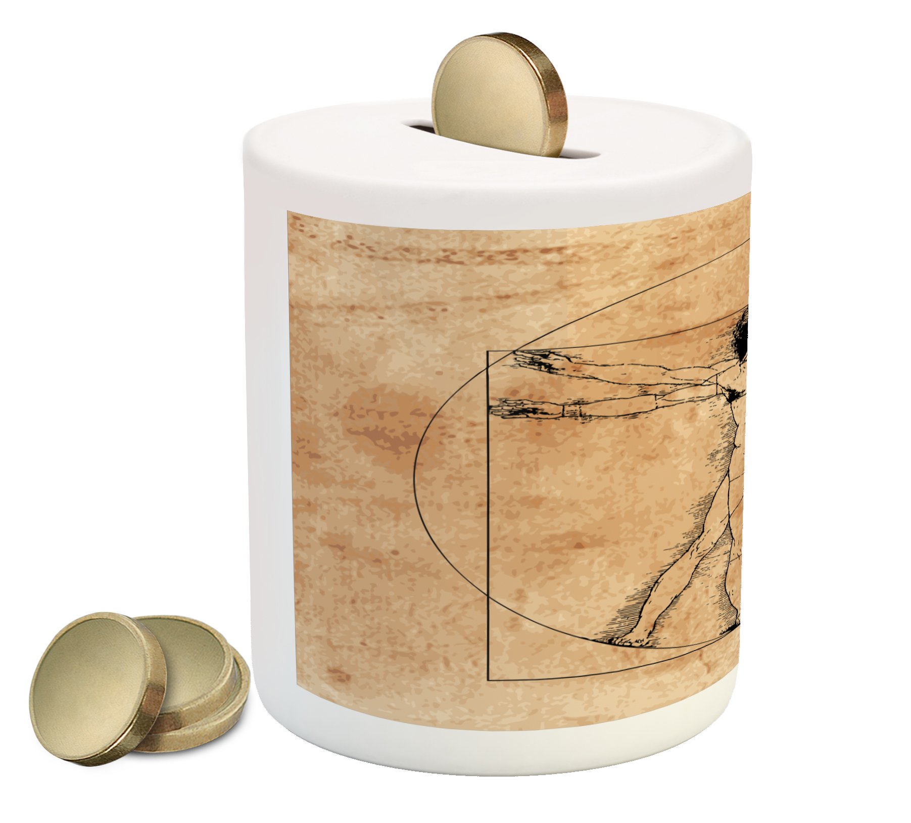 Ambesonne Human Anatomy Piggy Bank - Medieval Vitruvian Man Design, Renaissance Art Ceramic Money Box for Cash Savings | Unique Home Decor & Gift Idea for Doctors, Students & Art Lovers