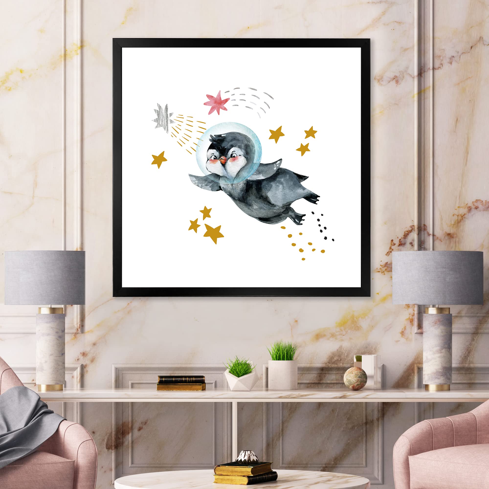 DesignQ Little Penguin Flying Stars and Planets Farmhouse Framed Wall Art - Nursery Decor, Kids Room Wall Art, Living Room Decor