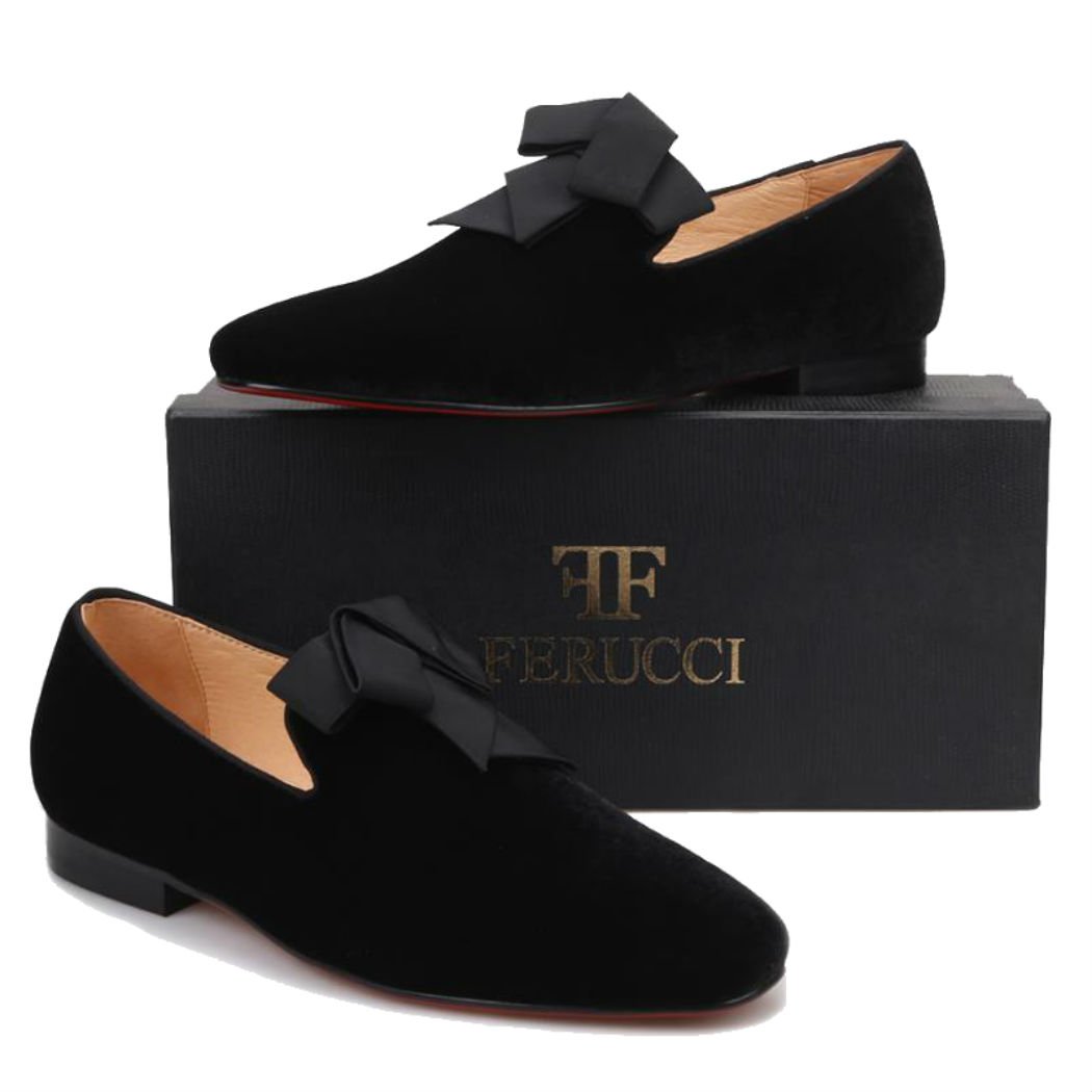 FERUCCI Handmade Men's Black Velvet Loafers with Ribbon Bow - Comfortable House Slippers for Indoor Lounging, Gift Giving & Special Occasions