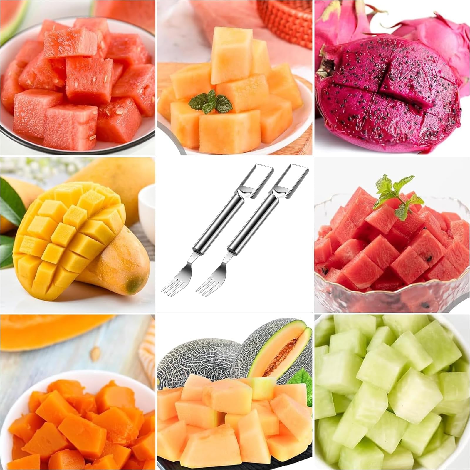 2Pcs 2024 New Stainless Steel Watermelon Cutter & Slicer - 2-in-1 Dual Head Fruit Knife & Fork for Watermelon, Melon, Pineapple - Summer BBQ, Picnic, Party Essential Kitchen Tool (Silver)
