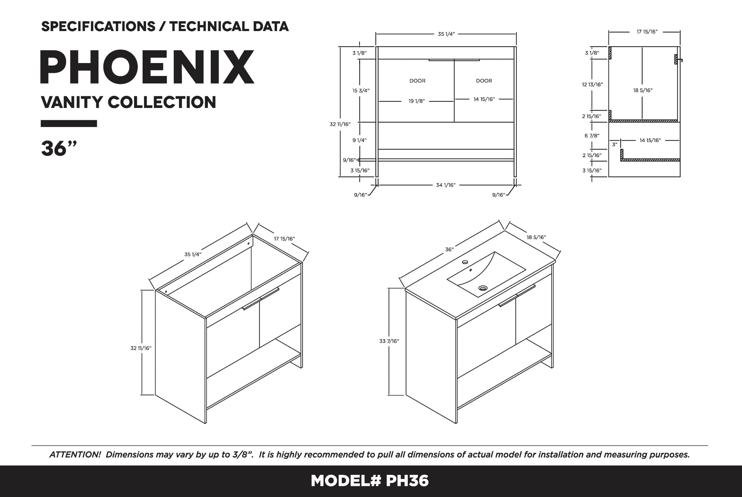 Fine Fixtures Phoenix 36 Inch Modern Bathroom Vanity with Sink - Soft-Close Doors & Storage Drawers - Durable Walnut Vanity for Small Bathrooms (Full Assembly Required) - Perfect for Apartments, Guest Bathrooms & Powder Rooms