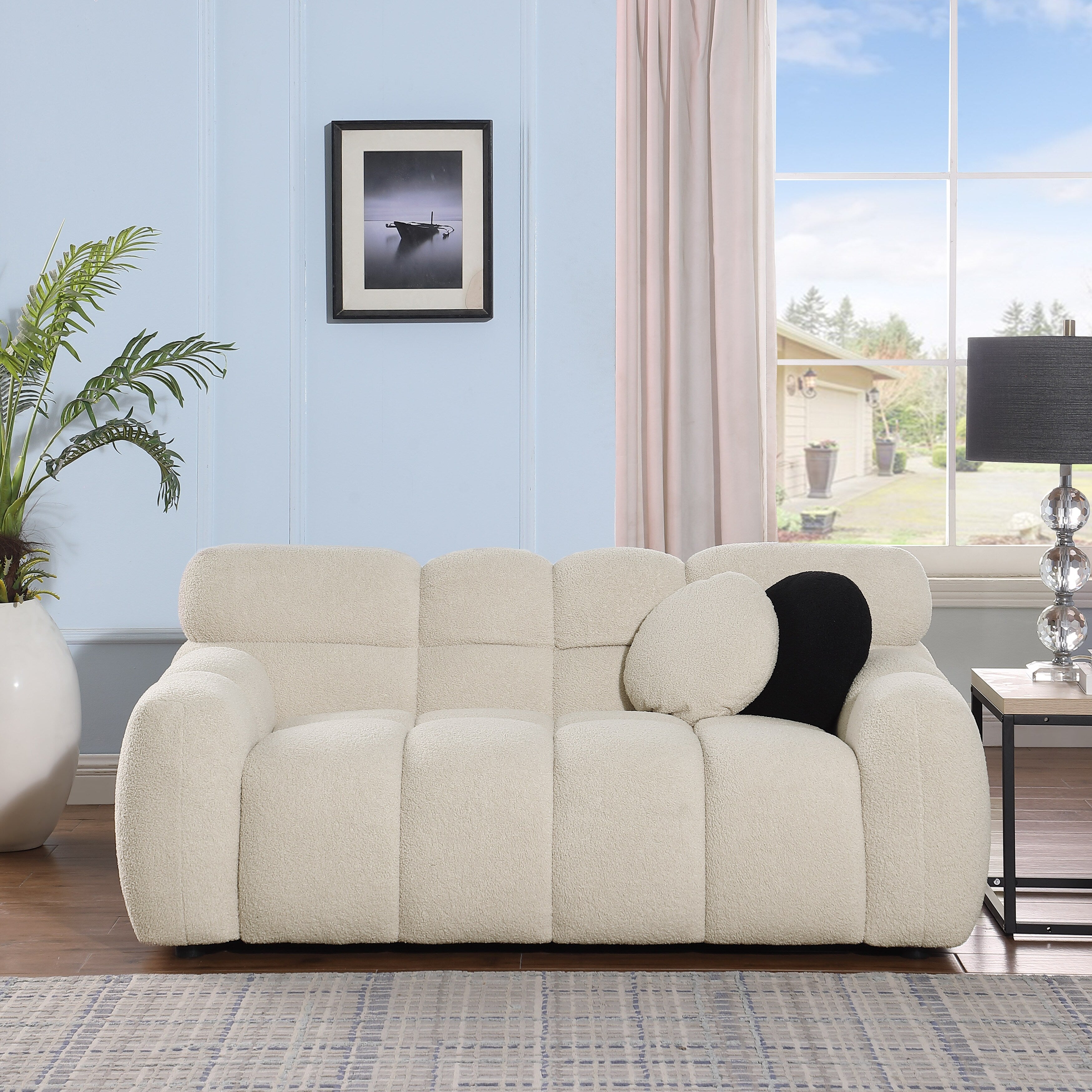 Beige Boucle 3-Seater Sofa - Marshmallow Design with Plush Cushions for Small Living Rooms | Cozy Modern Apartment Furniture for Lounge & Entertaining