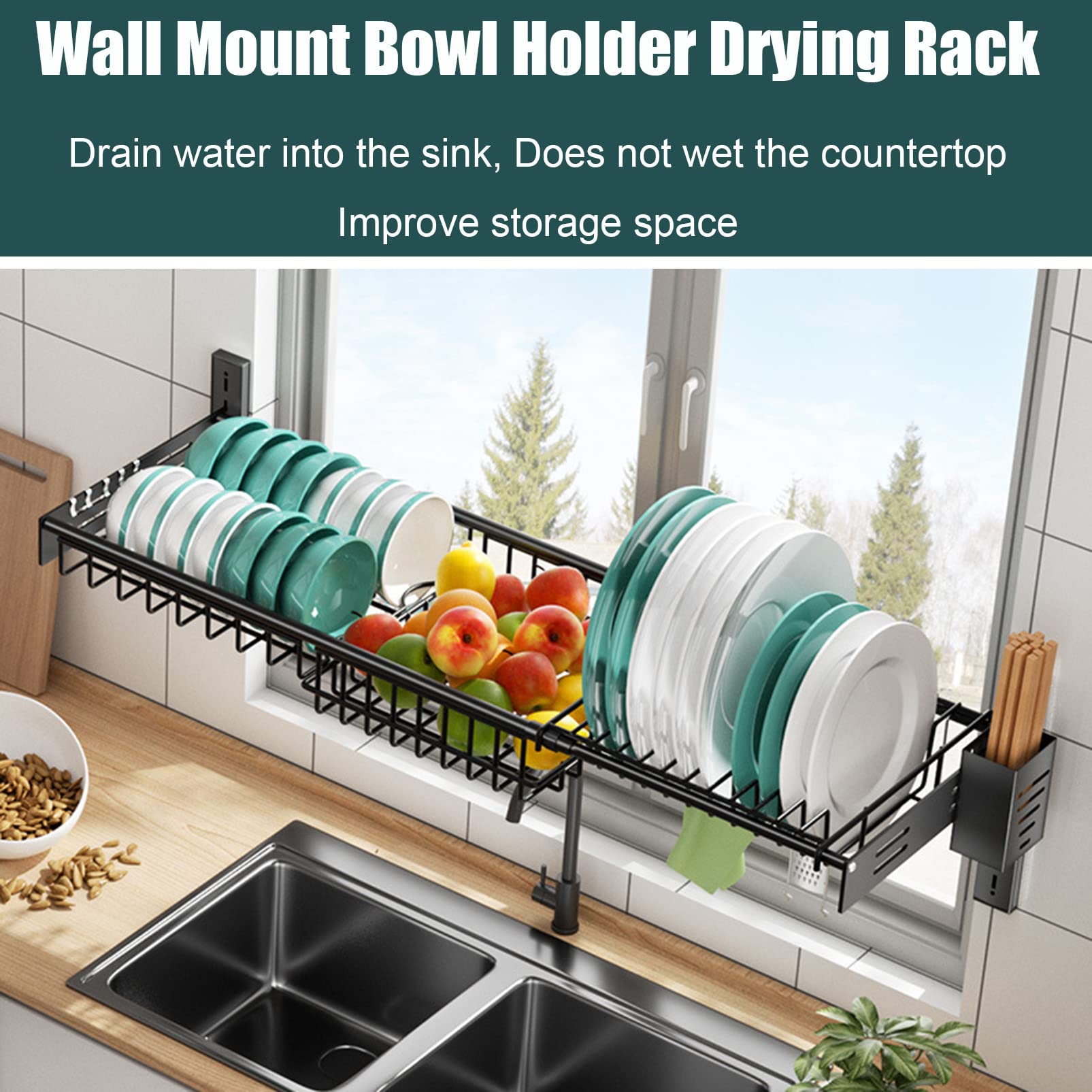 Expandable Stainless Steel Cutlery Drainer & Dish Drying Rack - Over The Sink Wall Mounted Kitchen Organizer with Utensil Holder & Hooks - Space Saving Counter Shelf for Small Kitchens, Apartments & RVs