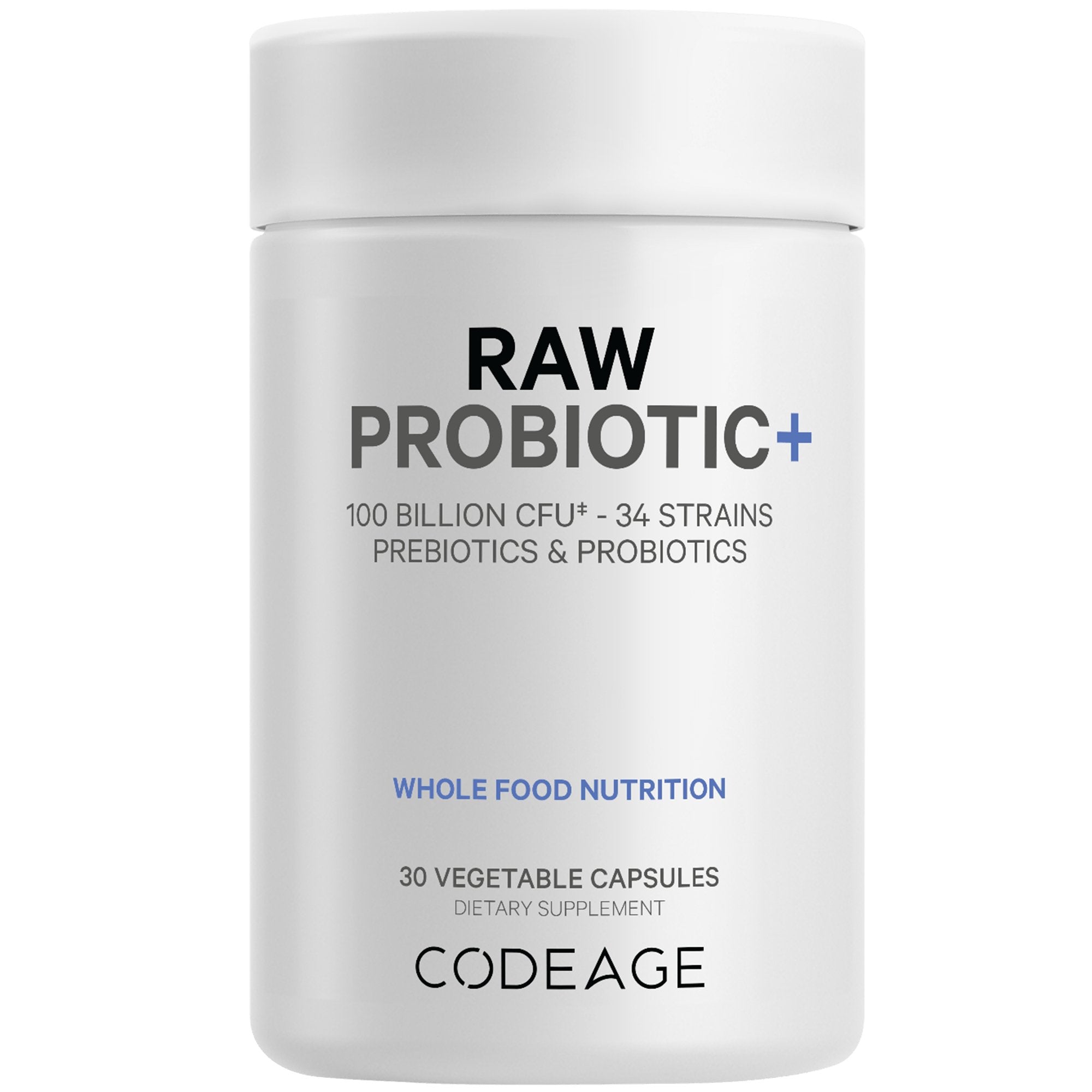 Codeage Raw Probiotic+ Supplement - 100 Billion CFU, 34 Strains, Gut Health & Immune Support - for Digestive Wellness, Bloating Relief & Daily Immune Boost - Unflavored Capsules for Men & Women