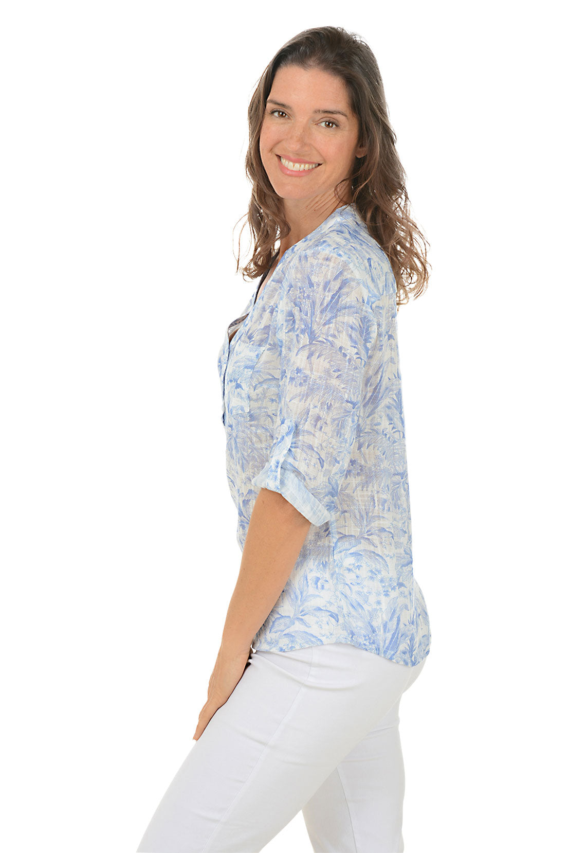 Tropical Jungle Print Gauze Henley Blouse - Women's Boho Loose Fit Casual Top for Summer Beach, Vacation & Outdoor Adventures