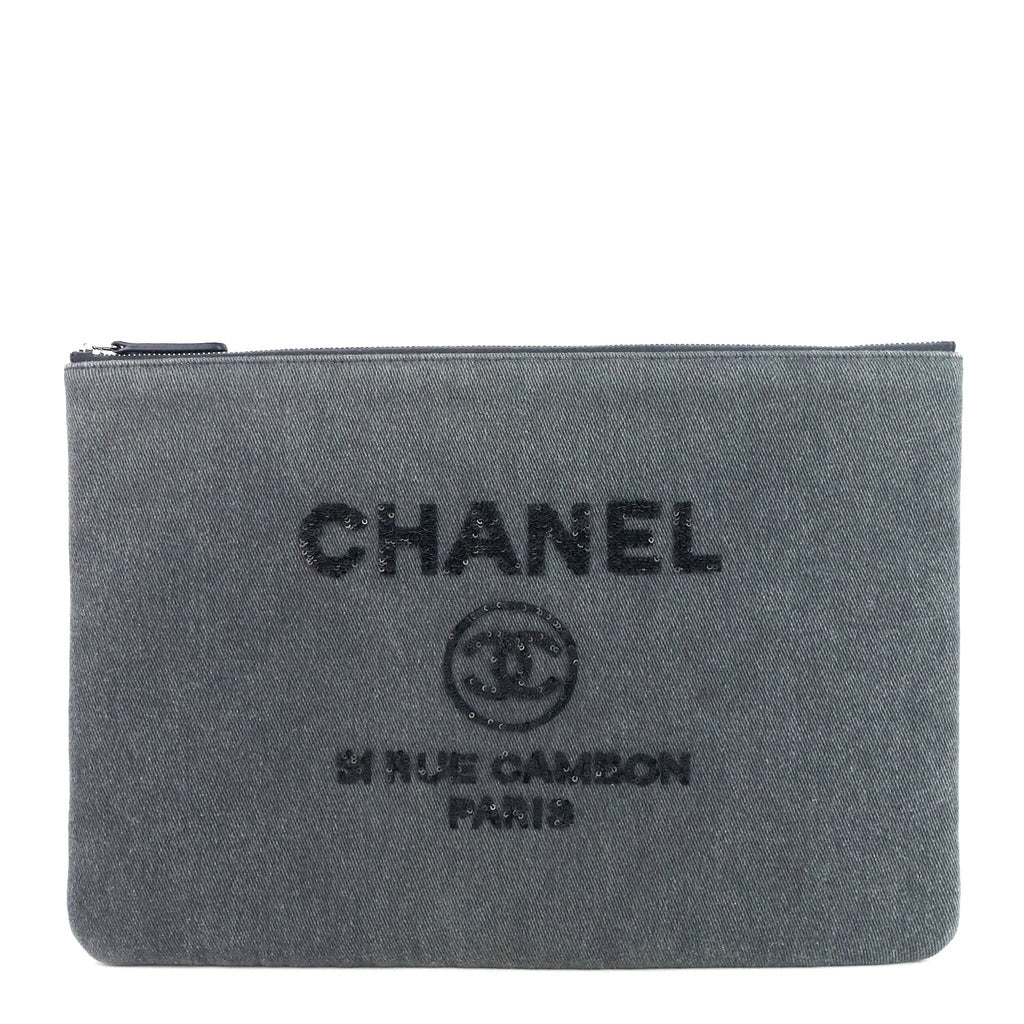 Chanel Deauville Grey Denim Sequin O Case - Luxury Designer Cosmetic Bag for Women, Perfect for Travel & Everyday Use