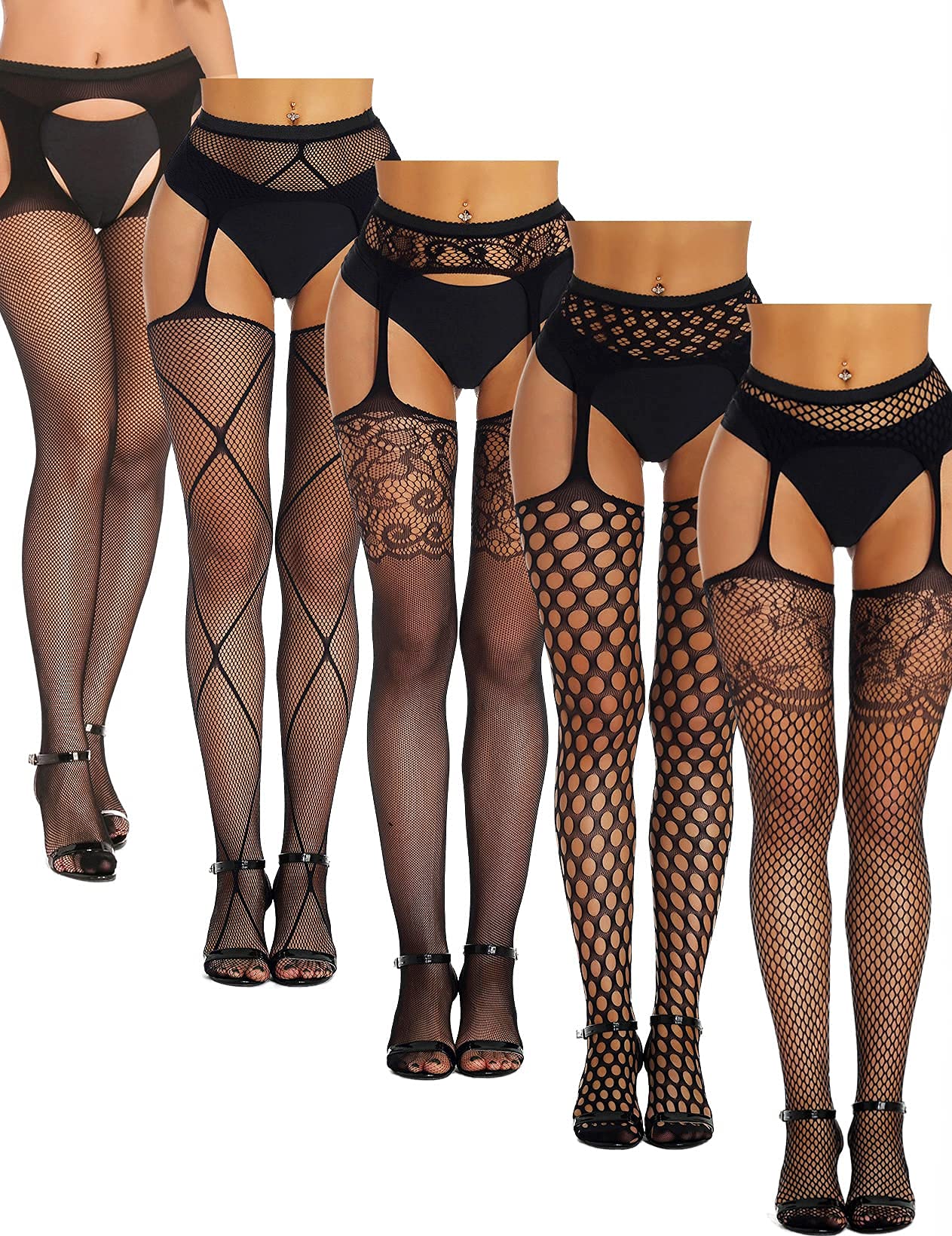SOUTHRO 5 Pairs Fishnet Thigh High Stockings with Garter Belt Set - Sexy Lingerie Tights for Women & Girls - Perfect for Halloween, Cosplay, Boudoir & Date Night Outfits