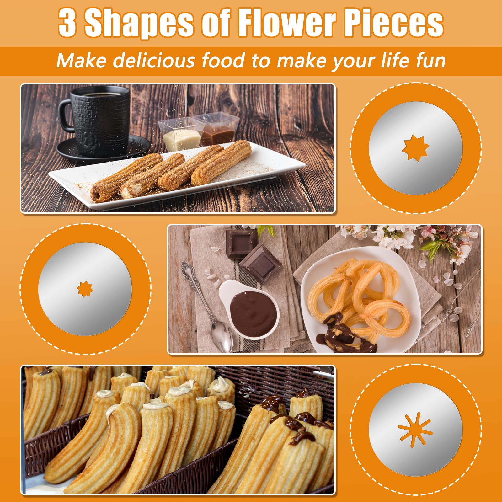 1+8PCS Stainless Steel Churro Maker Kit with 3 Flower Molds, 2 Cleaning Brushes, Piping Bag & Nozzles - Perfect for Home Baking, Party Snacks and Spanish Dessert Making