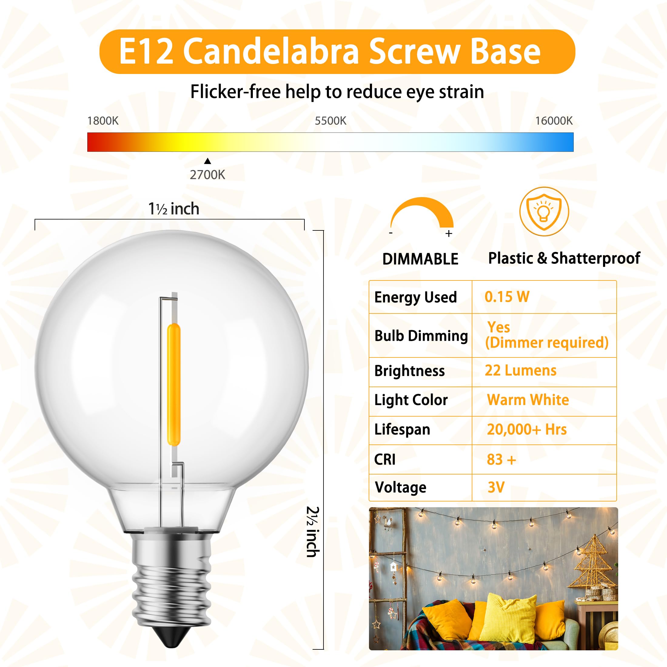 Brightown G40 Solar Replacement LED Bulbs - E12/C7 Candelabra Base, 3V 0.15W Shatterproof Globe (25 Pack) - Warm White 2700K Dimmable for Outdoor String Lights - Perfect for Patio, Garden, and Holiday Decorations