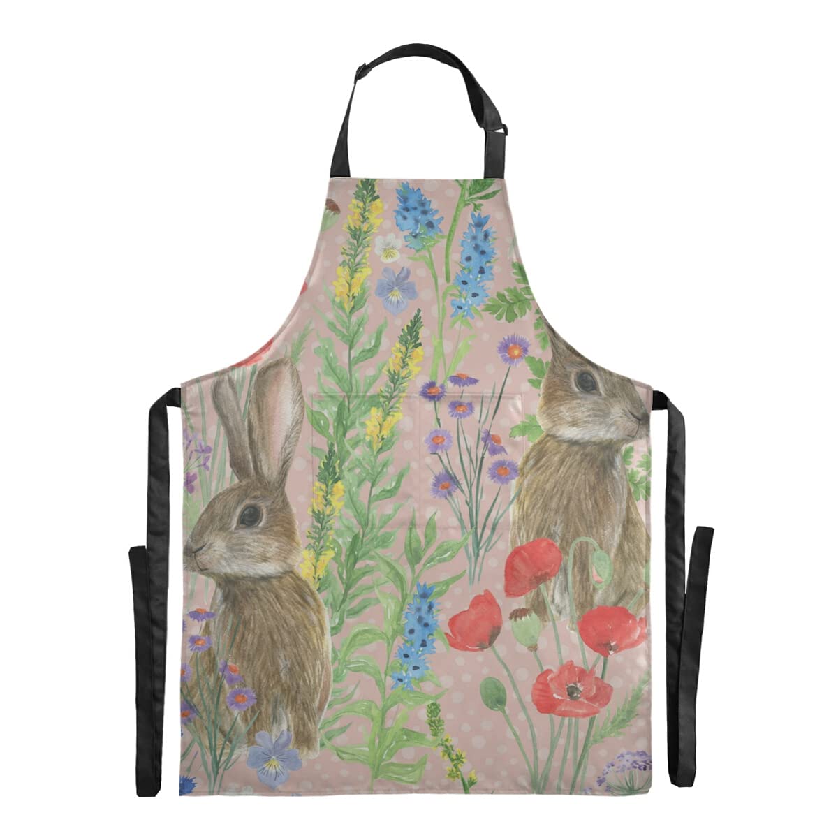 RunningBear Waterproof Bunny Bib Apron with Adjustable Straps & Large Pocket - Cute Floral Design for Restaurant, Salon, Cafe & Kitchen Use - Perfect Apron for Adults & Stepdads (Cooking, Baking, Serving, Gardening)