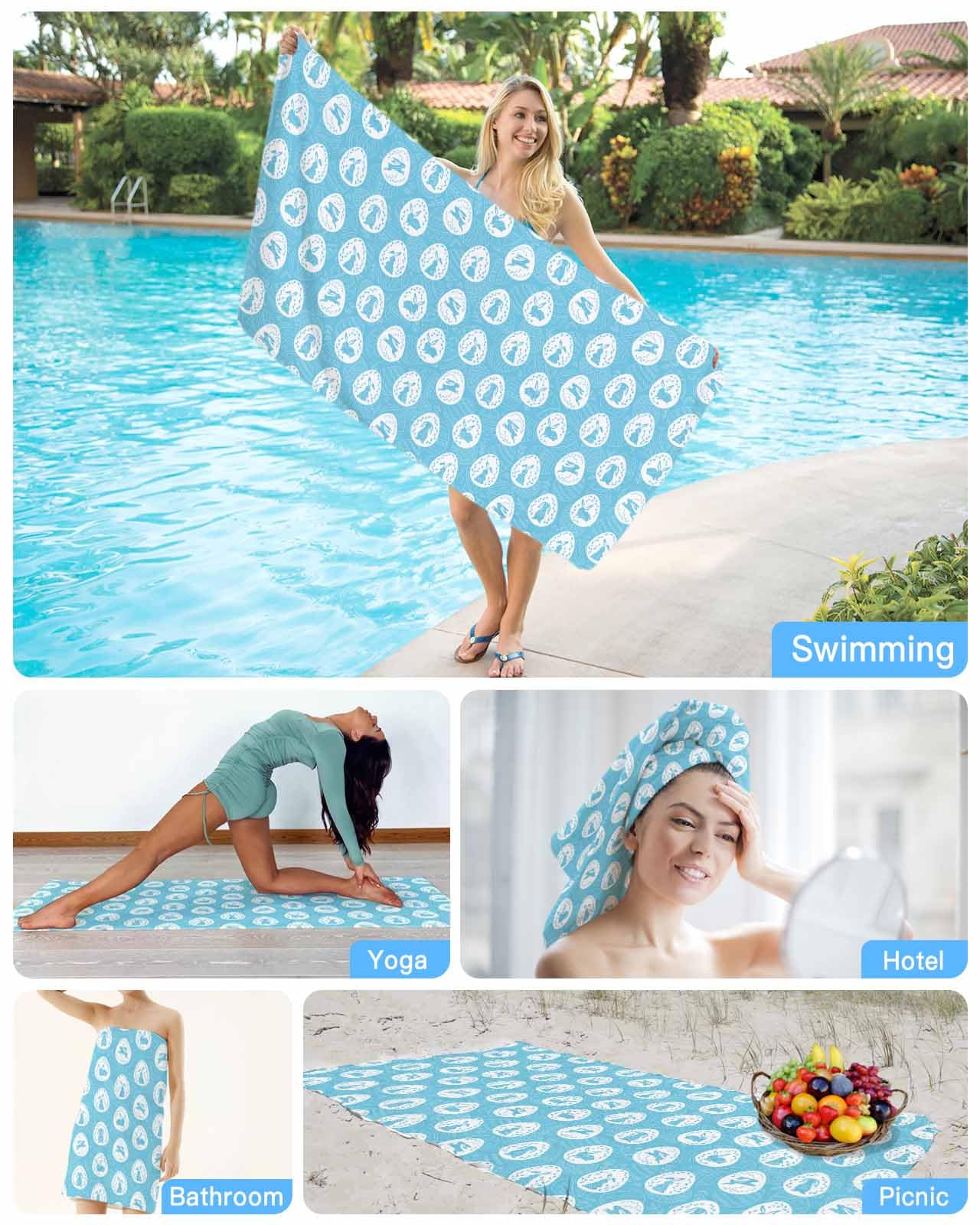 Blue Easter Beach Towel - Super Absorbent Quick Dry Sandproof Towel 35x71 inches for Adults & Kids - Watercolor Bunny & Easter Egg Design - Perfect for Pool, Travel, Camping, Beach & Bath
