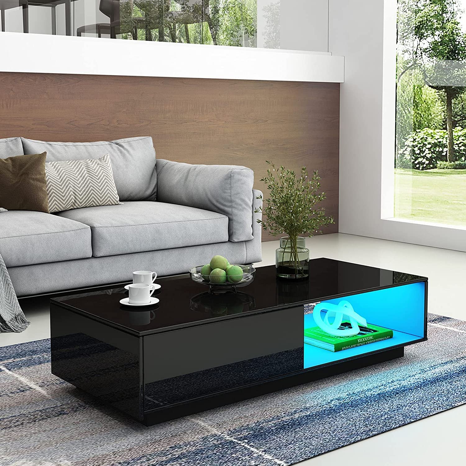 Modern High Gloss LED Coffee Table with Storage Drawer - 37.4 x 23.6 x 12.4 Inches Black Living Room Furniture for Small Spaces, Home Decor & Entertaining Guests