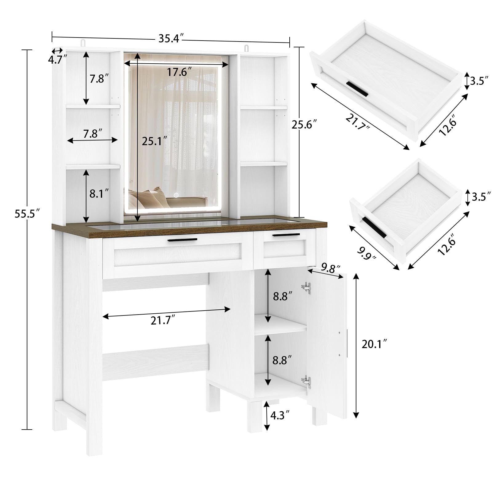 Farmhouse Makeup Vanity Desk with Mirror & LED Lights - White Glass Top Dressing Table with Adjustable Shelves, 2 Drawers & Side Cabinet - Perfect for Bedroom, Dorm Room or Boudoir Makeup Organization