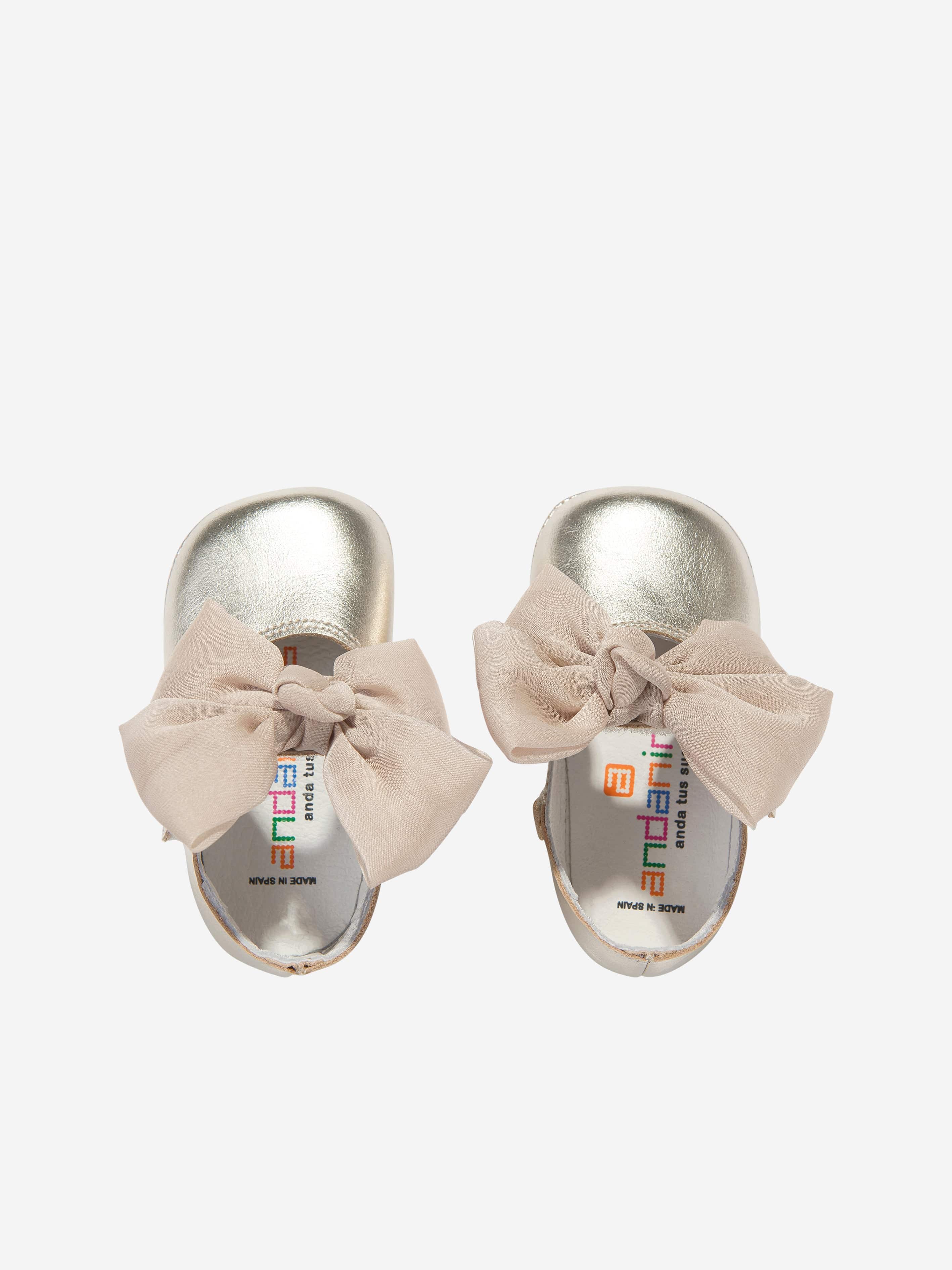 Andanines Baby Girls Leather Bow Shoes in Gold - Soft & Comfortable First Walking Shoes for Infants & Toddlers - Perfect for Special Occasions, Parties & Everyday Wear