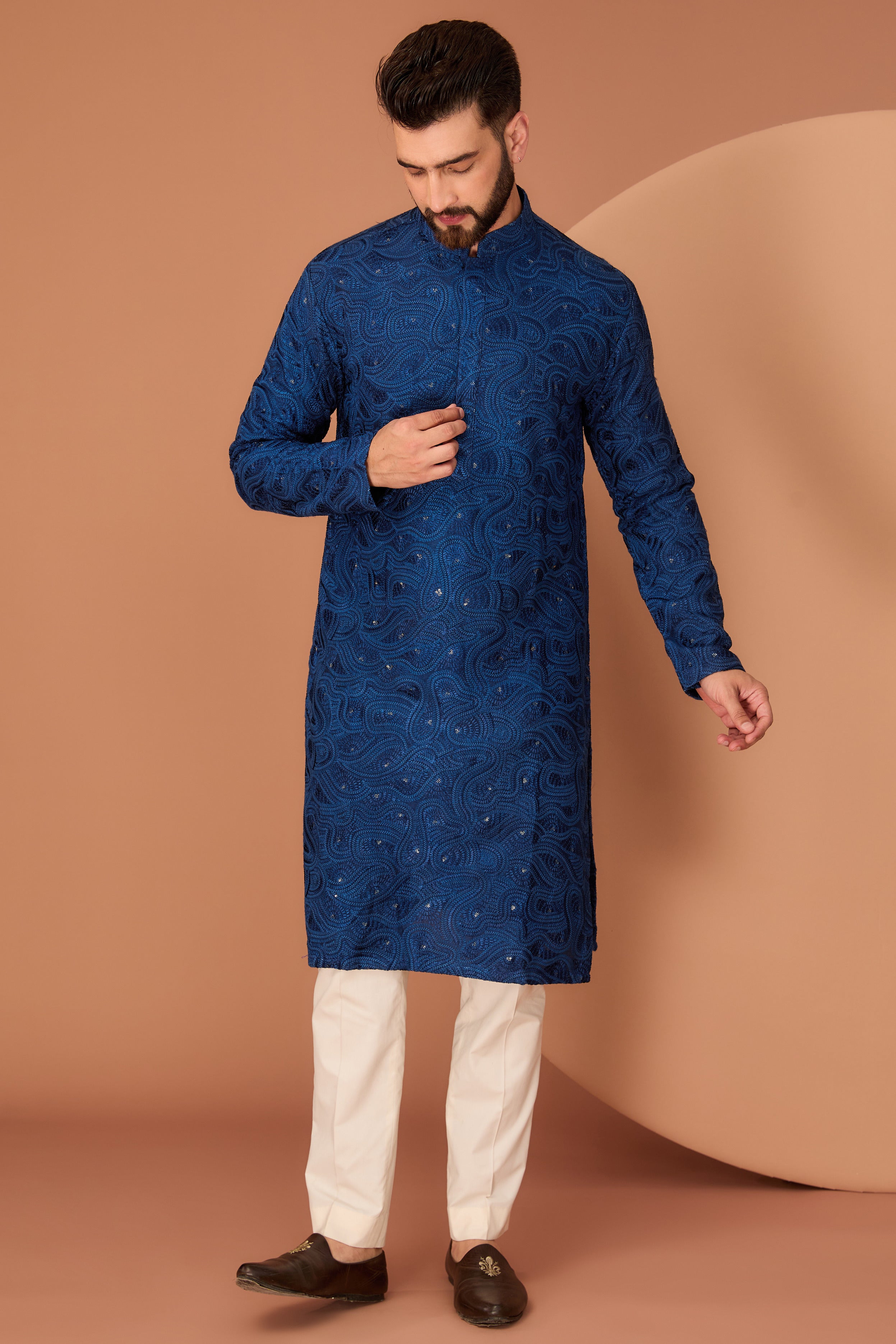 Elegant Navy Blue Chikankari Kurta with Intricate Thread & Sequin Embroidery - Perfect for Festivals, Weddings & Ethnic Occasions