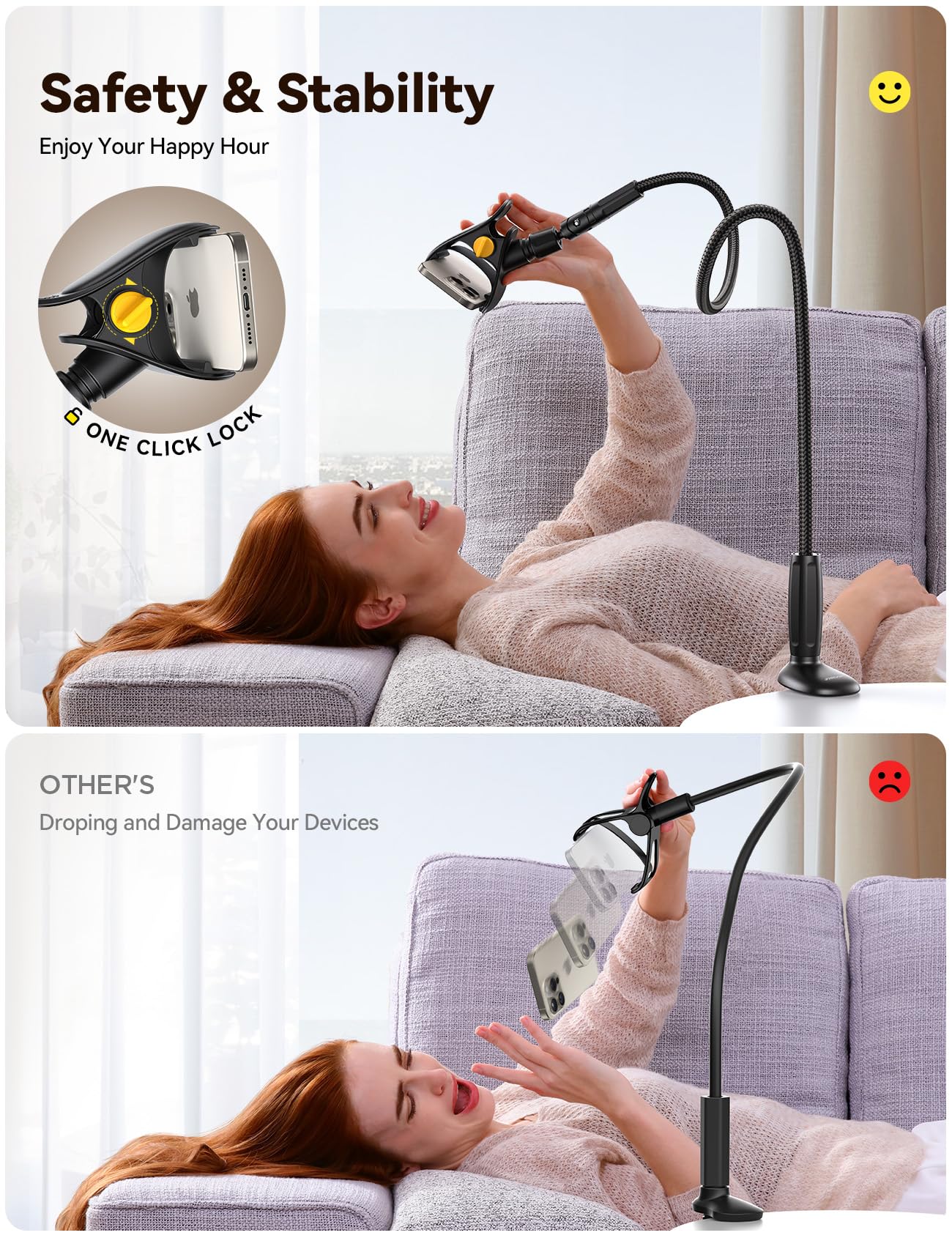 JOYROOM Upgraded Safety Lock Gooseneck Phone Holder - 720° Adjustable Long Arm Bed & Desk Stand with Clamp for iPhone 16 & All 4-7