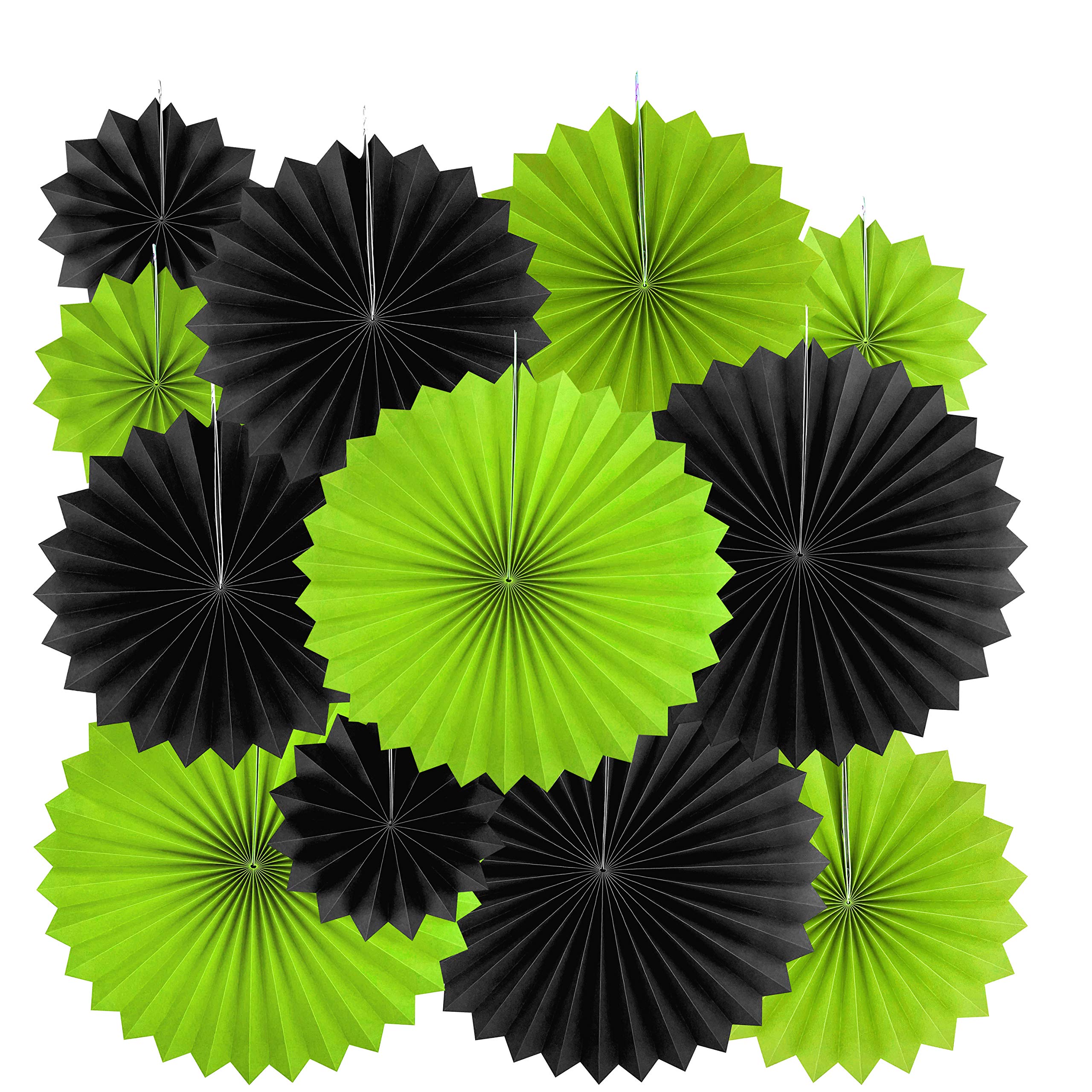 12 Pack Black & Green Tropical Jungle Animal Paper Fans - Party Ceiling Decorations for Birthday, Graduation, Bachelorette & Photo Booth Backdrops | Perfect for Jungle Theme Parties, Baby Showers & Home Decor