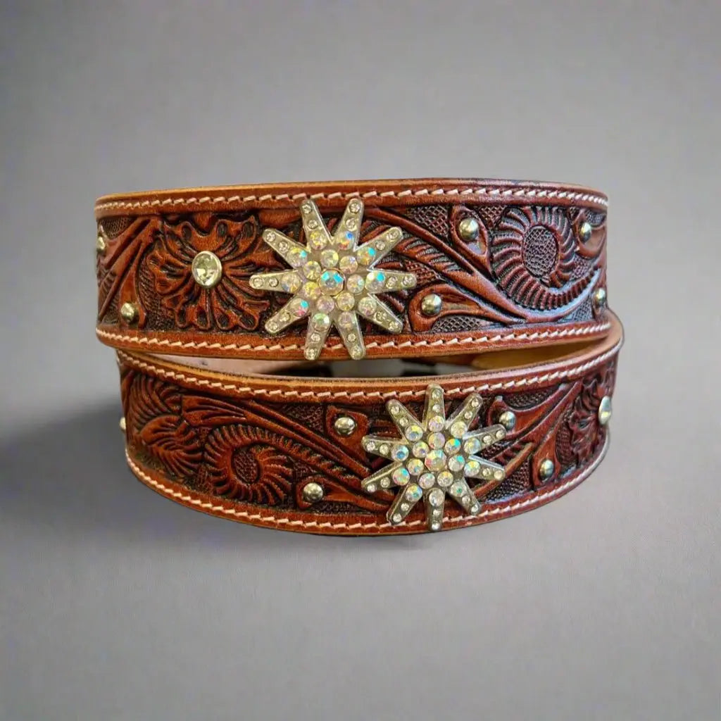 Women's Fashion Western Leather Belt with Embossed Bling Stars - Perfect for Cowgirl Outfits & Country Style Accessories